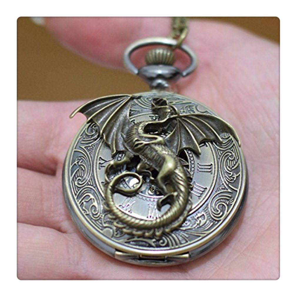 Vintage Dragon Pocket Watch Necklace for Men - Roman Retro Style Charms with Round Pendant - Perfect for Steampunk Cosplay, Gothic Fashion & Unique Gift Giving