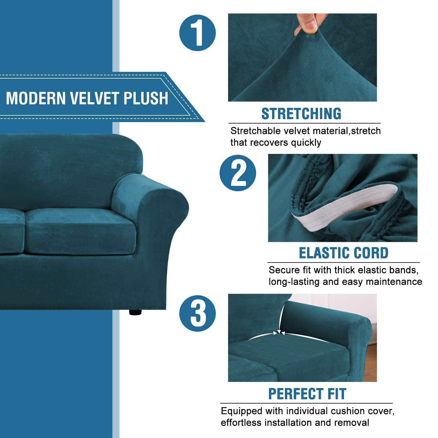 H.VERSAILTEX Velvet Stretch Sofa Covers Set - 3 Cushion Couch, Loveseat & Armchair Slipcovers (Deep Teal) | Soft, Washable & Non-Slip Furniture Protector for Living Room, Bedroom, Dorm & Apartment Decor