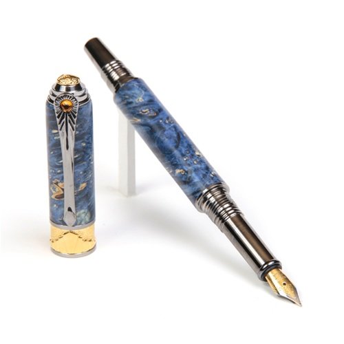 Lanier Pens Art Deco Fountain Pen - Black Titanium & 22kt Gold Trim - Blue Maple Burl Wood Luxury Writing Instrument for Calligraphy, Business Signatures & Collectors