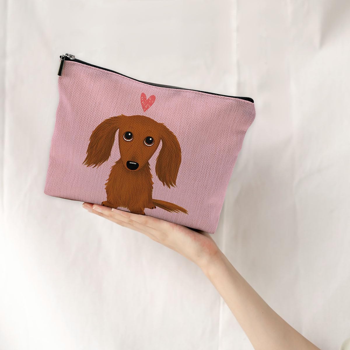 Cute Long-Haired Dachshund Cartoon Wiener Dog Heart Makeup Bag - Pink Zippered Travel Cosmetic Pouch for Toiletries & Makeup Accessories - Perfect for Travel, Gym & Daily Use