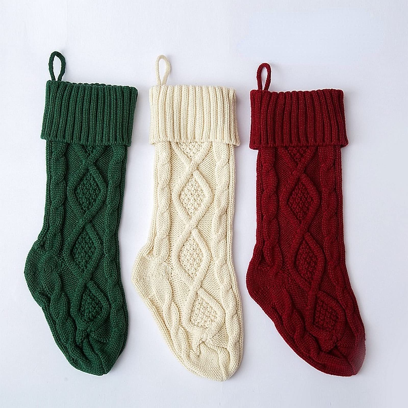 Qqfubu Knitted Wool Christmas Stockings Set - 3-Piece Home Wall Decor, Candy Socks & Diamond Gift Bag for Holiday Hanging Ornaments | Perfect for Fireplace Mantel, Xmas Tree Decor & Festive Gift Giving