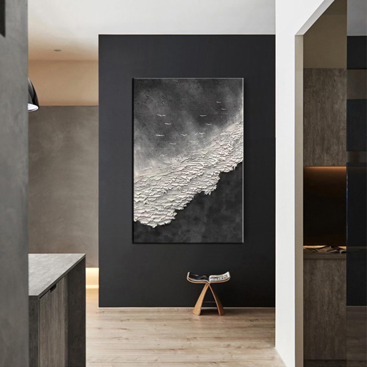 YaSheng Hand-Painted Abstract Oil Painting - Thick Texture Black & White Sea Wave Wall Art, Modern Minimalist Home Decor (24x36 Inch) for Living Room, Bedroom, Dining Room & Office Spaces