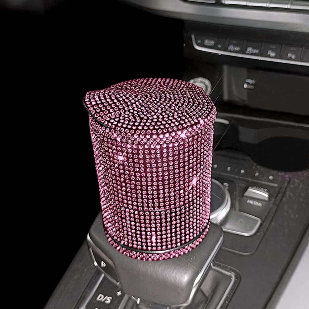 Pink Rhinestone Car Ashtray with Blue LED Light - Cigarette Holder for Women's Vehicles, 9x6.5x6.5cm Auto Vent Ash Container - Perfect for Road Trips, Commuting & Smoking in Style