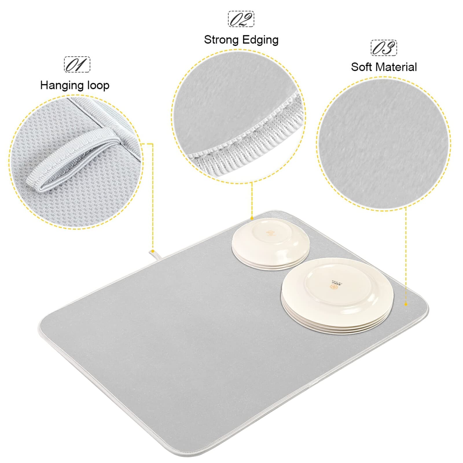 XL Grey Microfiber Dish Drying Mat - 16x18 Inch Heat Resistant Kitchen Counter Drainer Pad | Perfect for Drying Dishes, Utensils & Cookware | Stylish Kitchen Decor Accessory