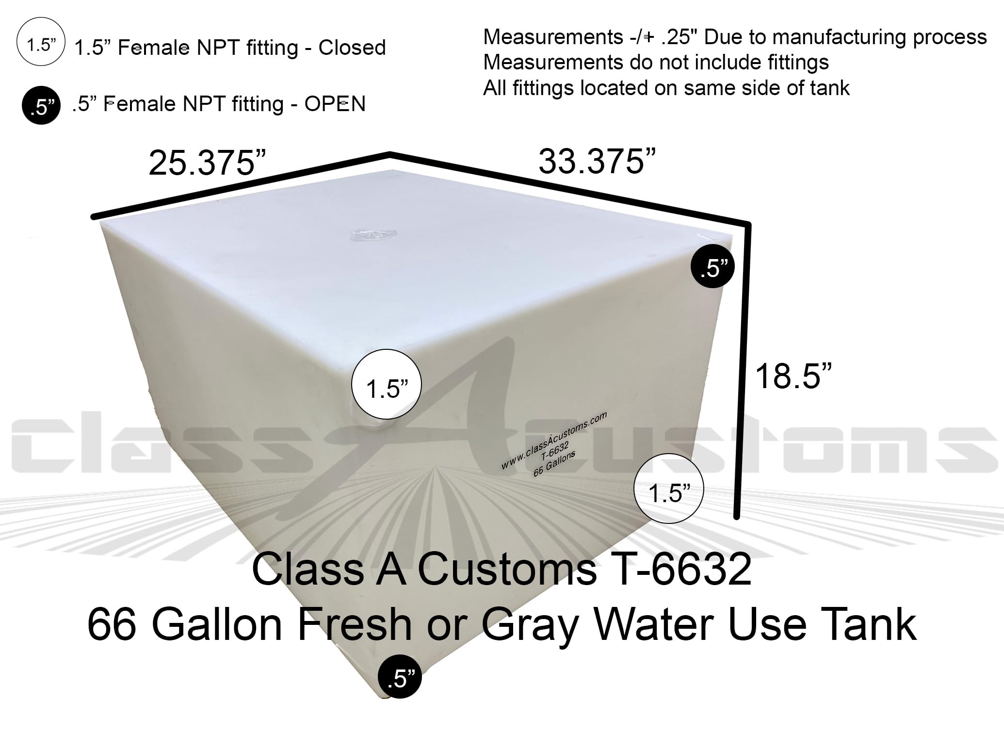 66 Gallon RV Fresh Water Holding Tank - Class A Customs T-6632 | Food Truck, Concession & Camper Water Storage | Made in USA | Perfect for Road Trips, Outdoor Events & Mobile Businesses