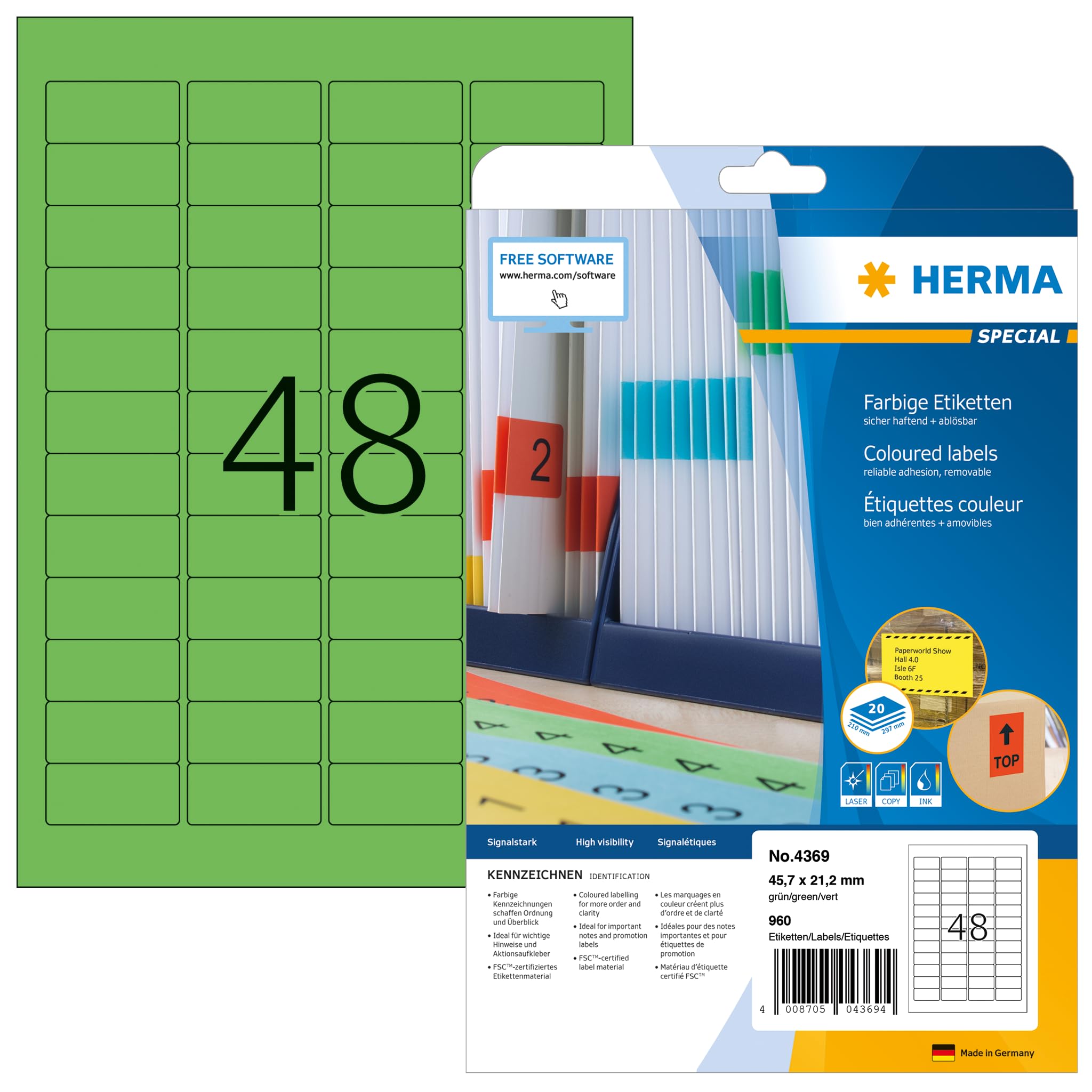 HERMA 4369 Self Adhesive Colored Labels - 960 Blank Removable Stickers (45.7x21.2mm, 48 Labels per A4 Sheet, 20 Sheets) - Compatible with Laser & Inkjet Printers - Green - Perfect for Office Organization, Shipping Labels & Product Packaging