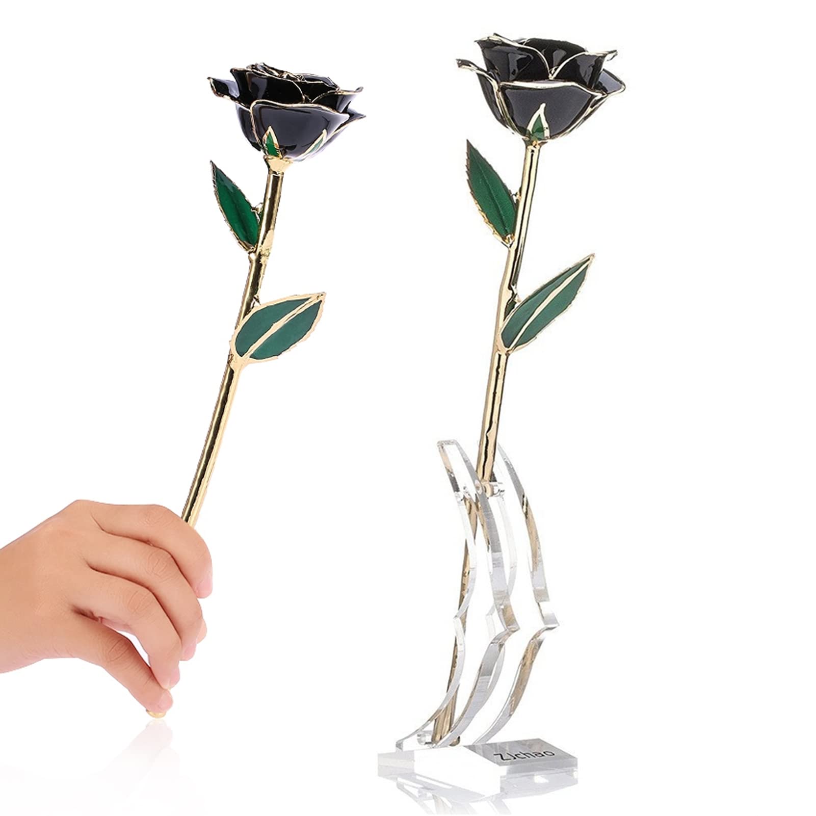 24K Gold-Plated Handmade Preserved Rose with Green Leaf & Base - Elegant Artificial Flower for Wedding, Mother's Day, Valentine's Gifts - Perfect for Home Decor, Table Centerpieces & Romantic Surprises