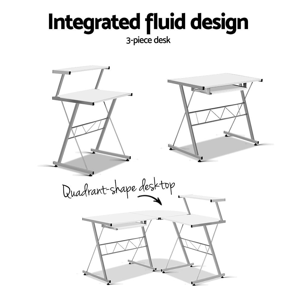 White Corner Metal Pull Out Table Desk - Space-Saving Home Office & Kitchen Workstation for Small Spaces