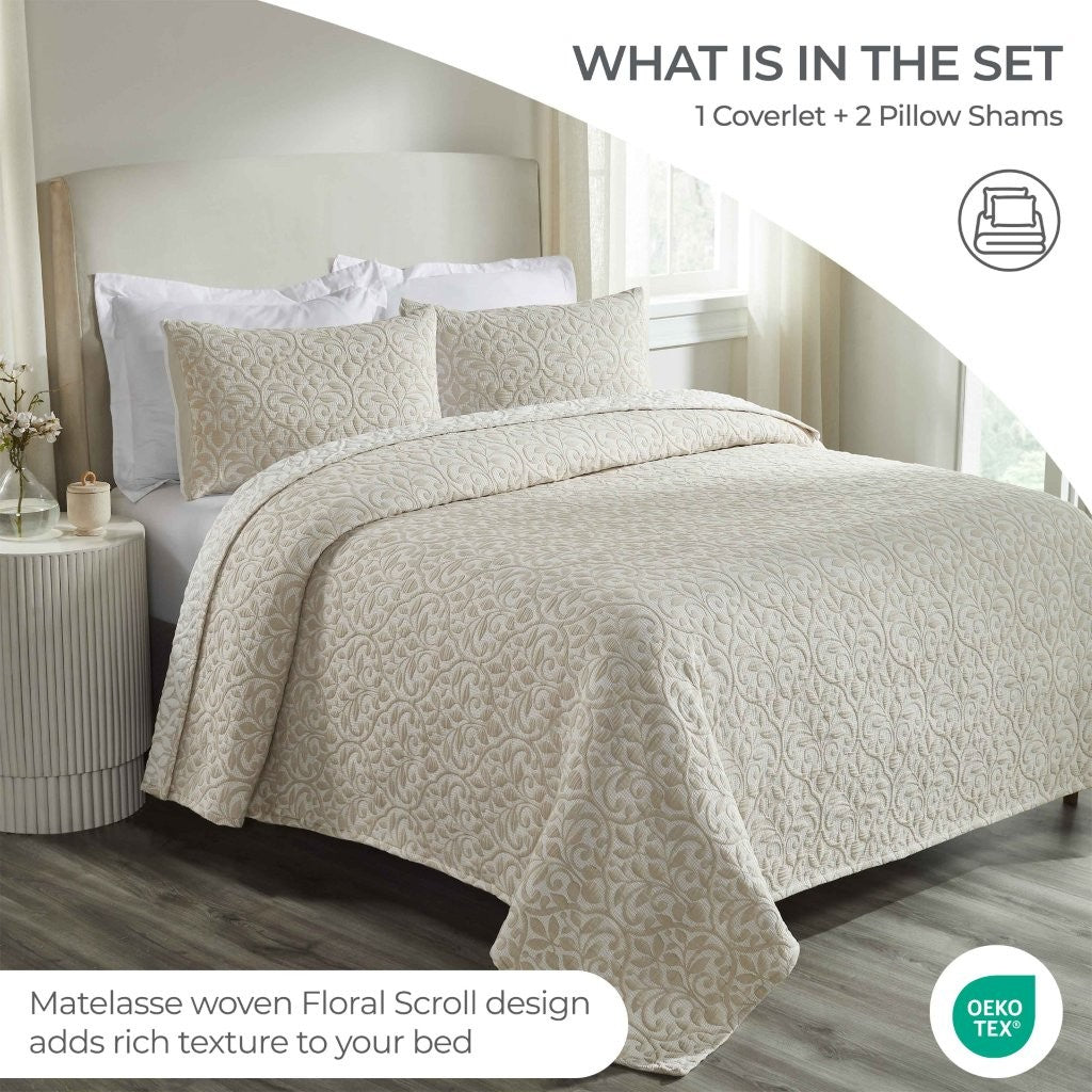 Premium Vineyard Cotton Blend Medium Weight Matelasse Woven Coverlet - Soft Bedspread for All Seasons | Perfect for Guest Rooms, Master Bedrooms & Cozy Home Decor
