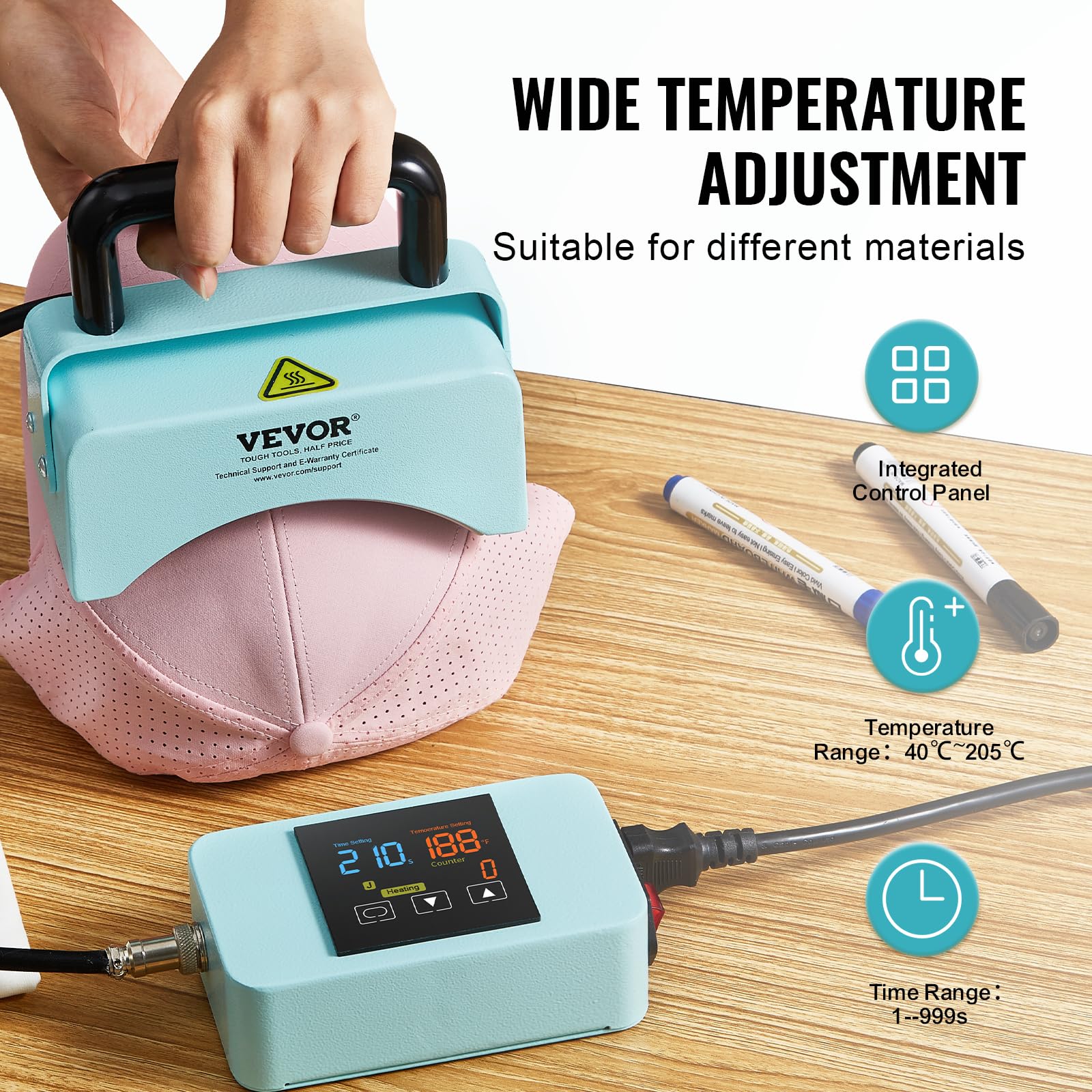VEVOR Mini Hat Heat Press Machine for Caps - 5.9x3.15 Inch Curved Heating Plate with Safety Base, Glove & Auto Shut-Off - Perfect for Custom Hat Printing, DIY Projects & Small Business Use