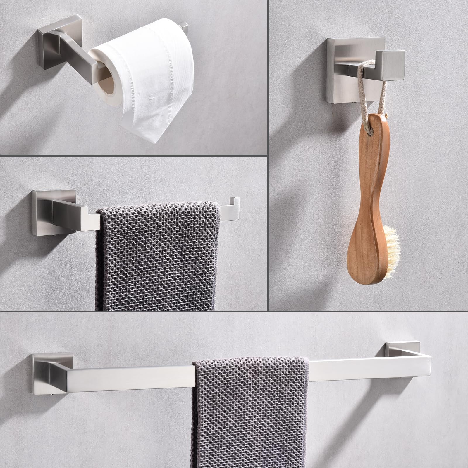 TASTOS 5-Piece Brushed Stainless Steel Bathroom Hardware Set - Wall Mounted Robe Hook, Toilet Paper Holder & 24-Inch Towel Bar in Silver | Modern Bathroom Accessories for Home & Hotel Use