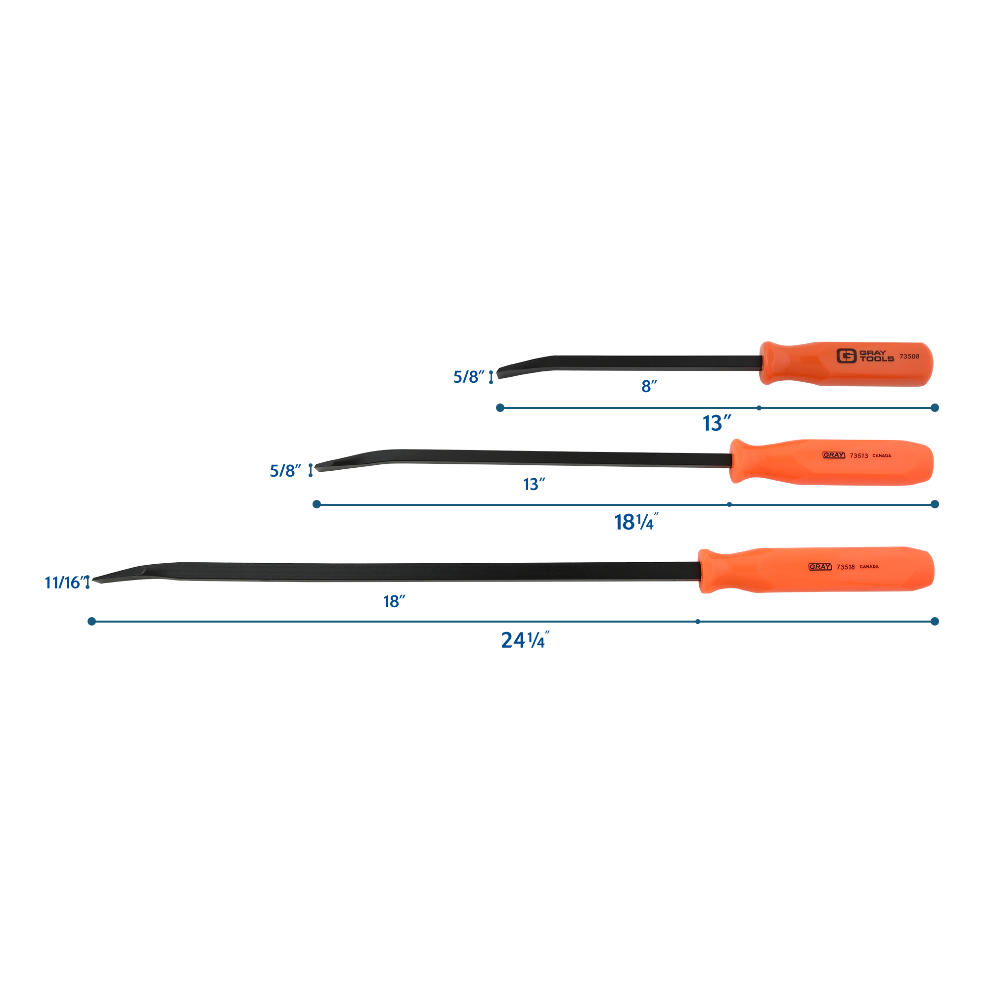 3-Piece Fluorescent Orange Handled Pry Bar Set with Black Oxide Blades - Heavy Duty Demolition Tools for Construction, Auto Repair & Home Improvement Projects