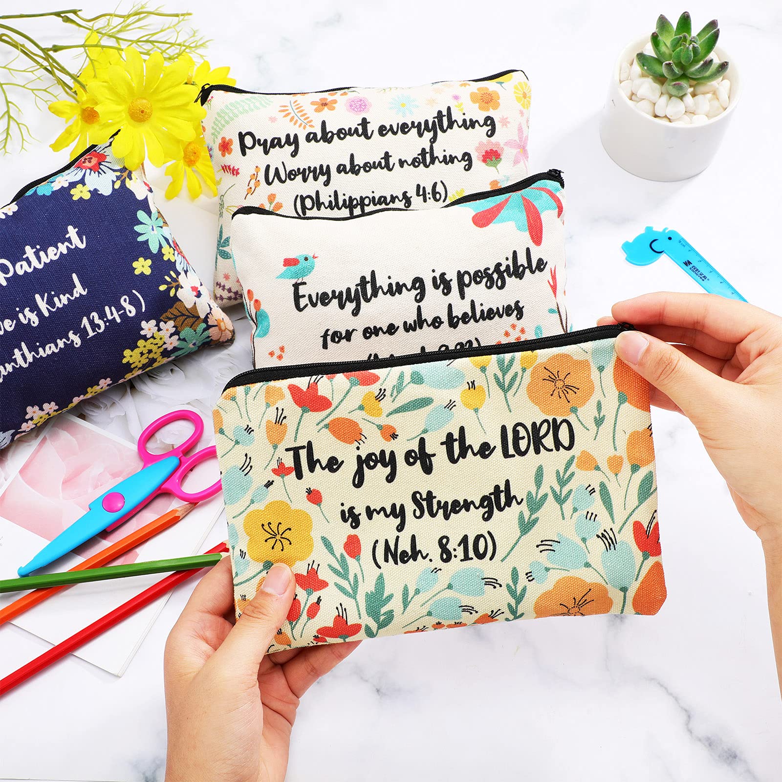 4 Pack Bible Verse Pencil Pouch - Christian Canvas Makeup Bag for Students & Office