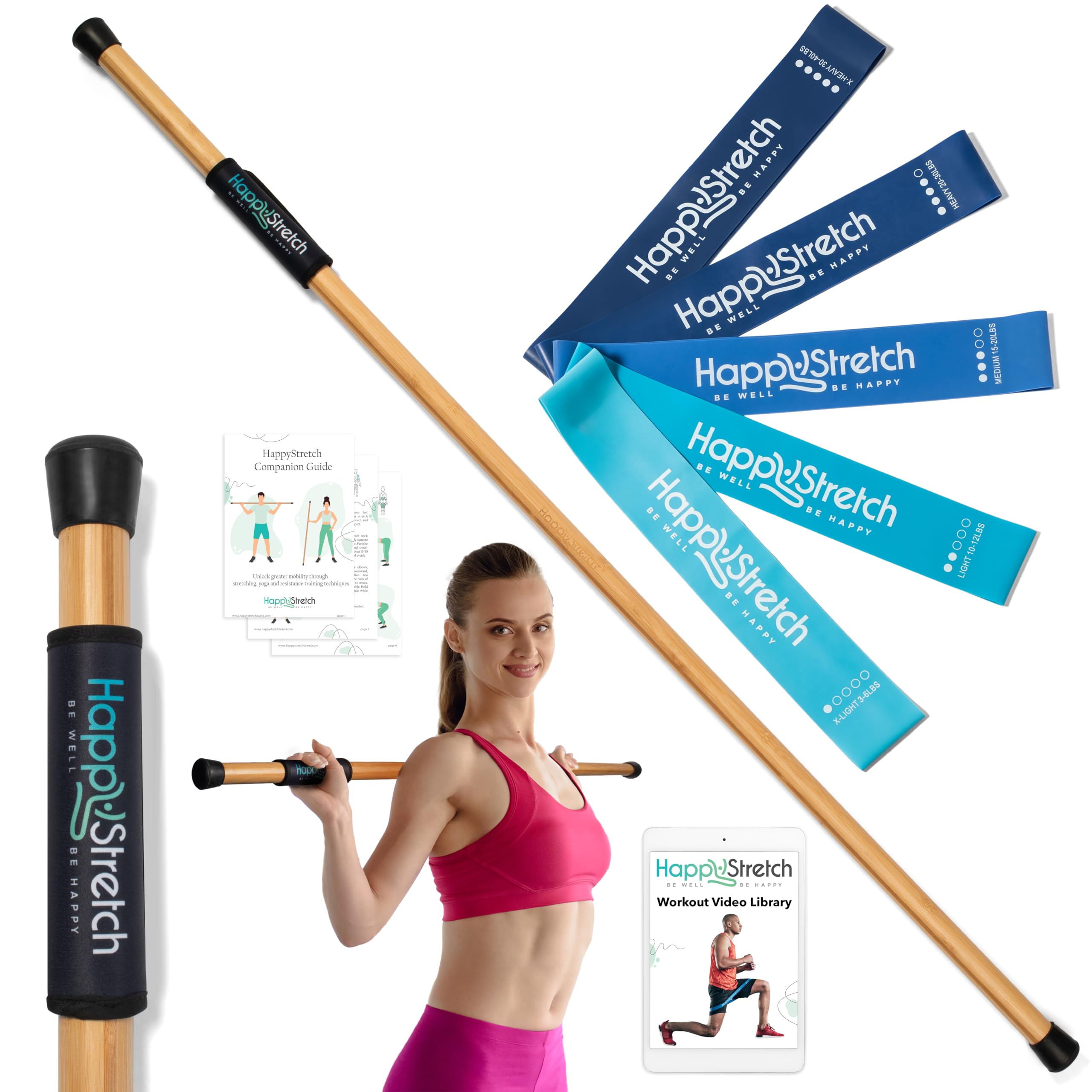 5ft Bamboo Mobility Stretching Stick with 5 Resistance Bands Set - Yoga, Flexibility & Strength Training Tool | Includes Workout Guide & Video Library | Perfect for Home Gym, Physical Therapy & Post-Workout Recovery