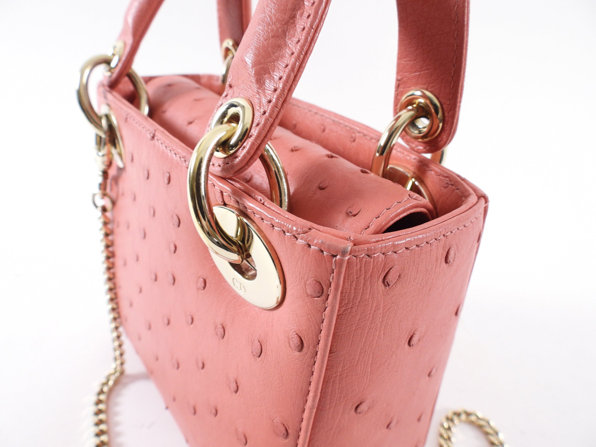 Christian Dior Lady Dior Mini Bag in Pink Ostrich Leather - Luxury Crossbody Purse for Women, Perfect for Evening Parties & Special Occasions