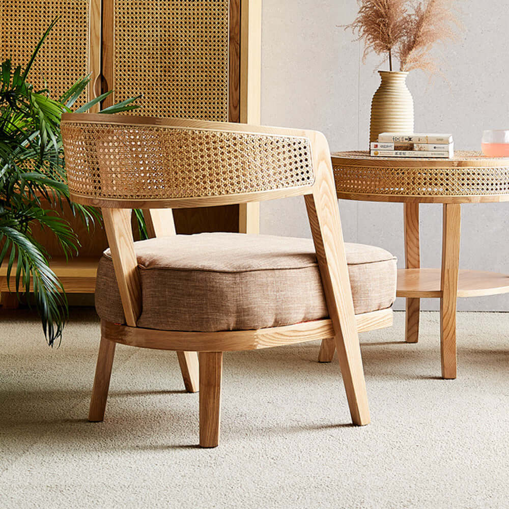 Modern Ash & Rattan Accent Chair with Cotton & Linen Upholstery - Stylish Living Room Furniture for Home Decor & Relaxation