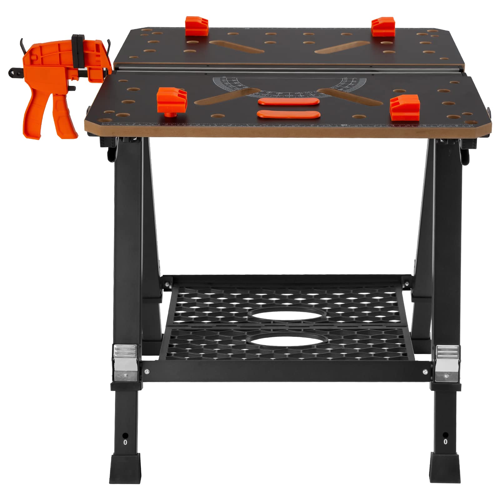 VEVOR Folding Work Table - Heavy Duty 1000 lbs Capacity Adjustable Workbench & Sawhorse, 7 Height Settings with Steel Legs, Portable Foldable Tool Stand Includes Wood Clamp, 4 Bench Dogs & 2 Hooks - Perfect for Woodworking, DIY Projects, Garage Storage and Job Site Use
