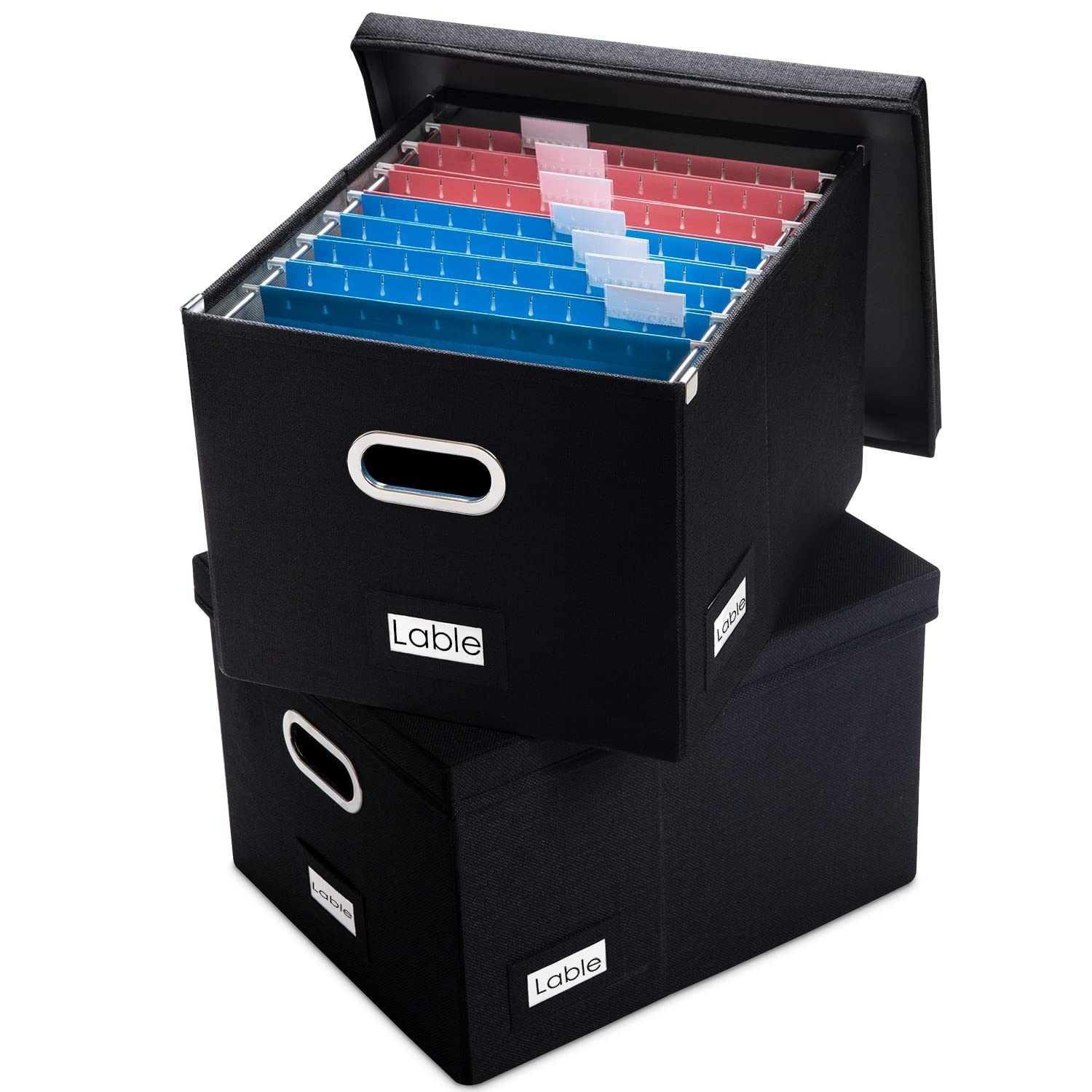 PRANDOM File Organizer Box Set of 2 - Collapsible Linen Storage Bins with Lids for Office Cabinet, Letter/Legal Size (17x14x11.2 Inch) - Black Decorative Hanging File Folders for Home & Office Organization