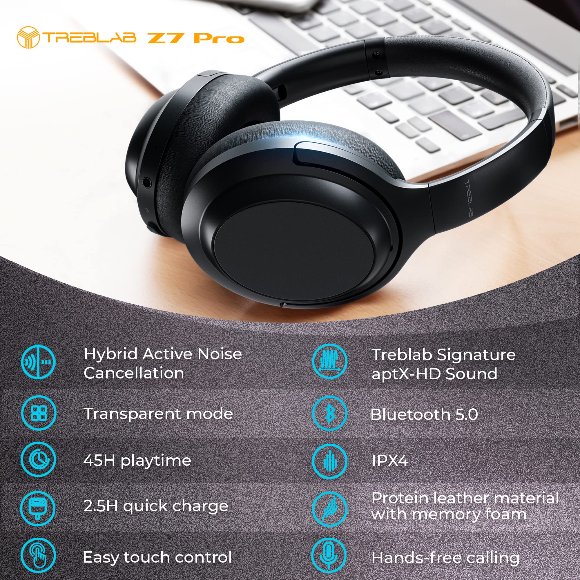 TREBLAB Z7 PRO Hybrid Active Noise Canceling Wireless Bluetooth Headphones with Mic - 45H Playtime, USB-C Fast Charging, aptX, Stereo Sound, Touch Control (Grey, Renewed) - Perfect for Travel, Workouts, and Office Use