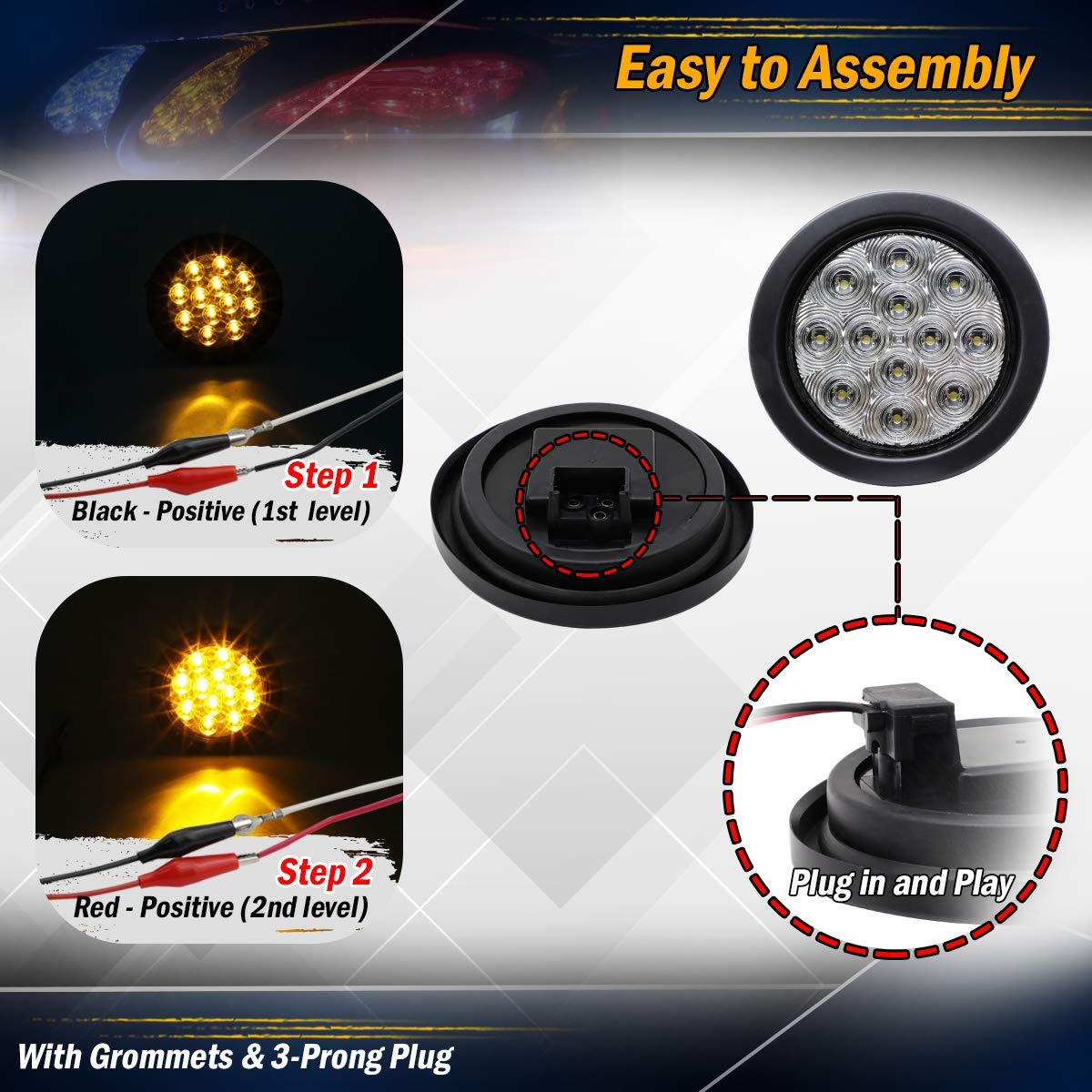 Meerkatt 4 Inch Round Amber LED Clearance Lights - 12 LED Clear Lens Fender & Tail Lights Kit with Grommet & Plug, Universal 12V DC Fit (Pack of 4) GA12 - Perfect for Trucks, Trailers, Off-Road Vehicles & Marine Applications