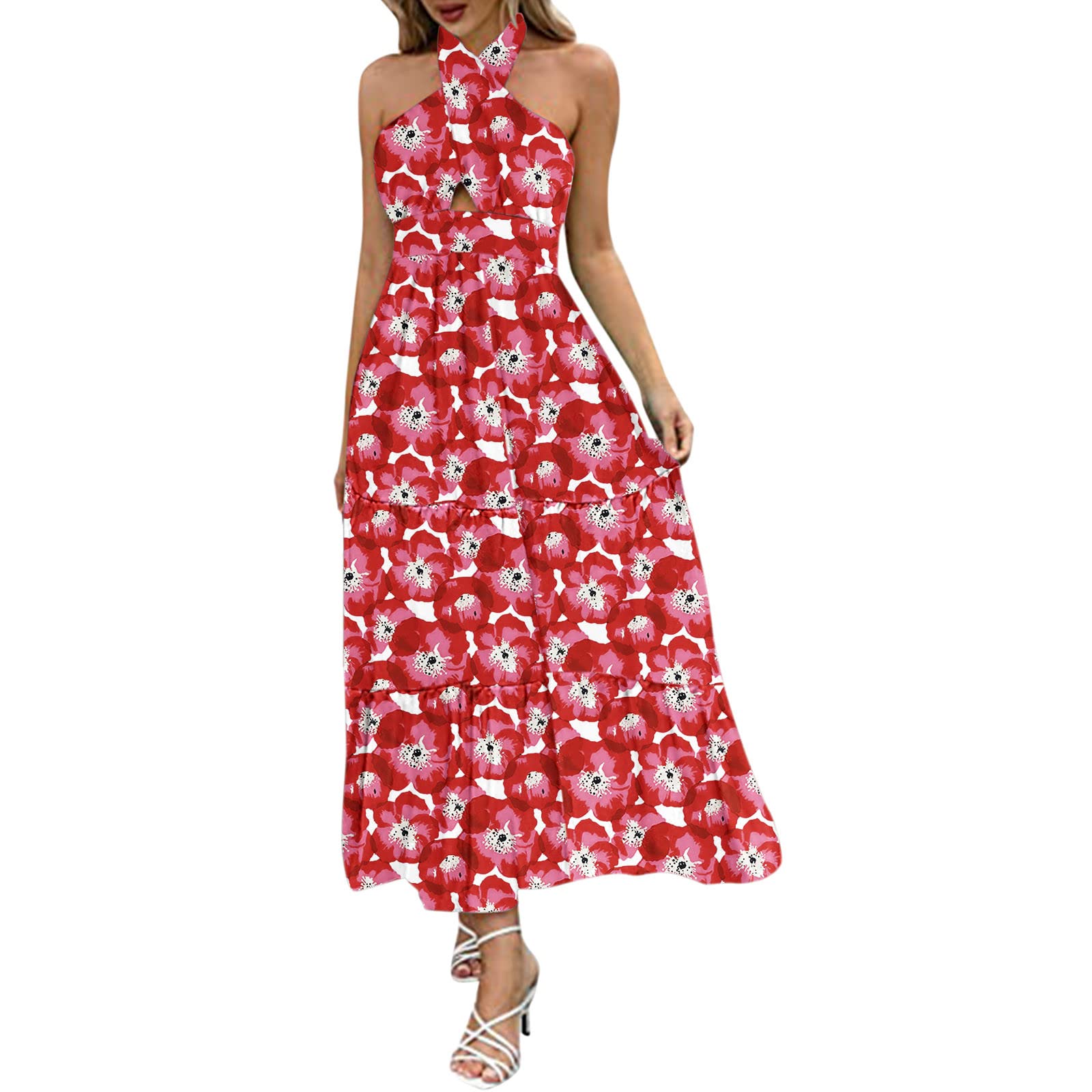 Women's Summer Floral Halter Neck Sleeveless Backless Maxi Dress - Beach Vacation, Pool Party & Outdoor Date Night Outfit
