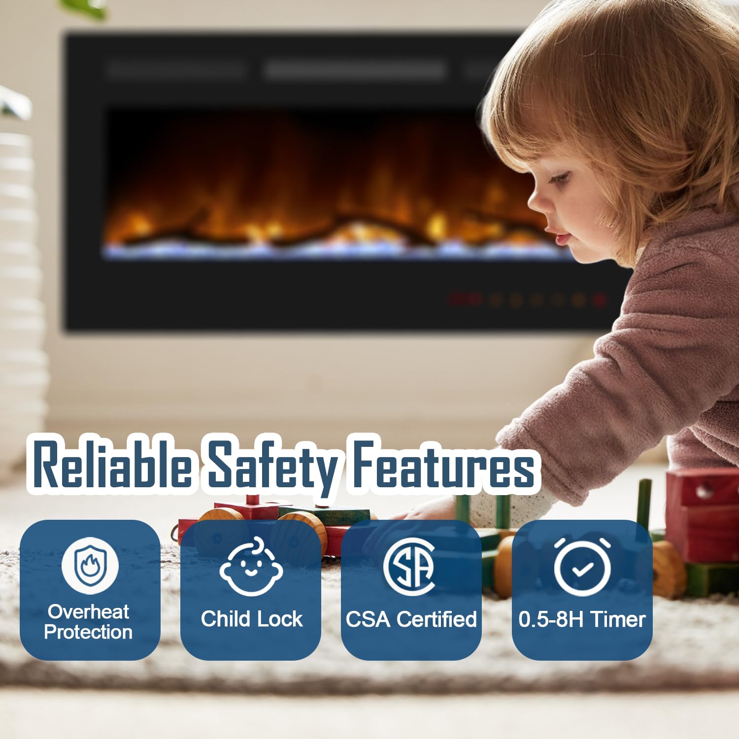 Cheerway 30 Inch Electric Fireplace Insert - Wall Mounted Recessed Heater with Remote & Touch Control, Adjustable Flame Colors & Brightness, Log Set & Crystals, Child Lock & Timer - Perfect for Living Room, Bedroom, or Office Heating & Ambiance