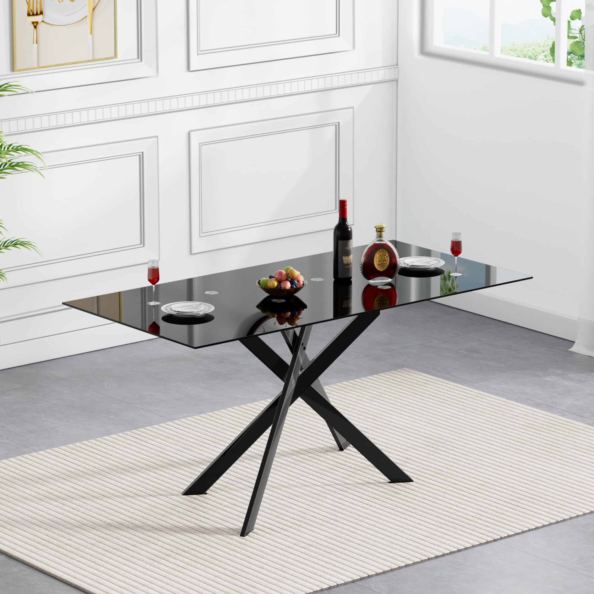 HomVent 7-Piece Modern Rectangular Glass Dining Table Set with 6 PU Chairs - Black Tempered Glass Kitchen Table for 6 - Perfect for Small Space Dining Rooms, Apartments & Contemporary Home Decor