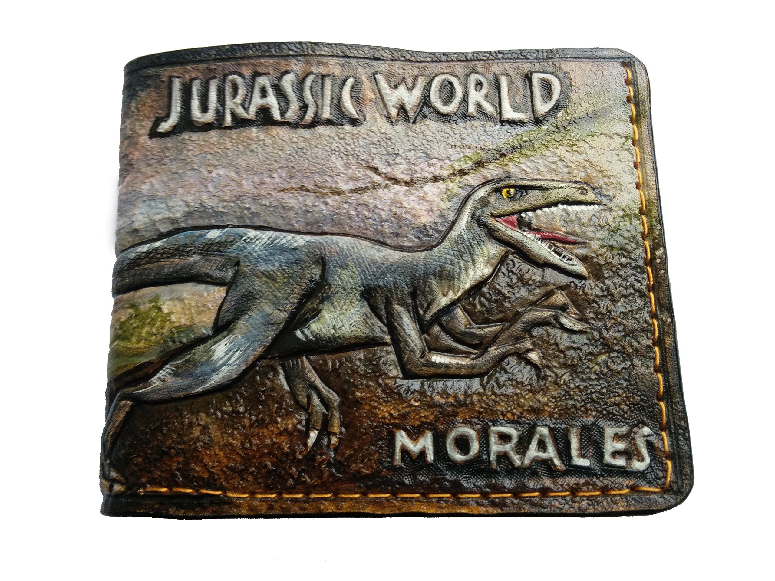 Handmade 3D Genuine Leather Dinosaur Volcano Eruption Wallet - Blue Velociraptor Carved Bifold Wallet for Men - Custom Airbrush Art Personalized Tooled Leather Wallet - Perfect Gift for Dinosaur Lovers & Collectors
