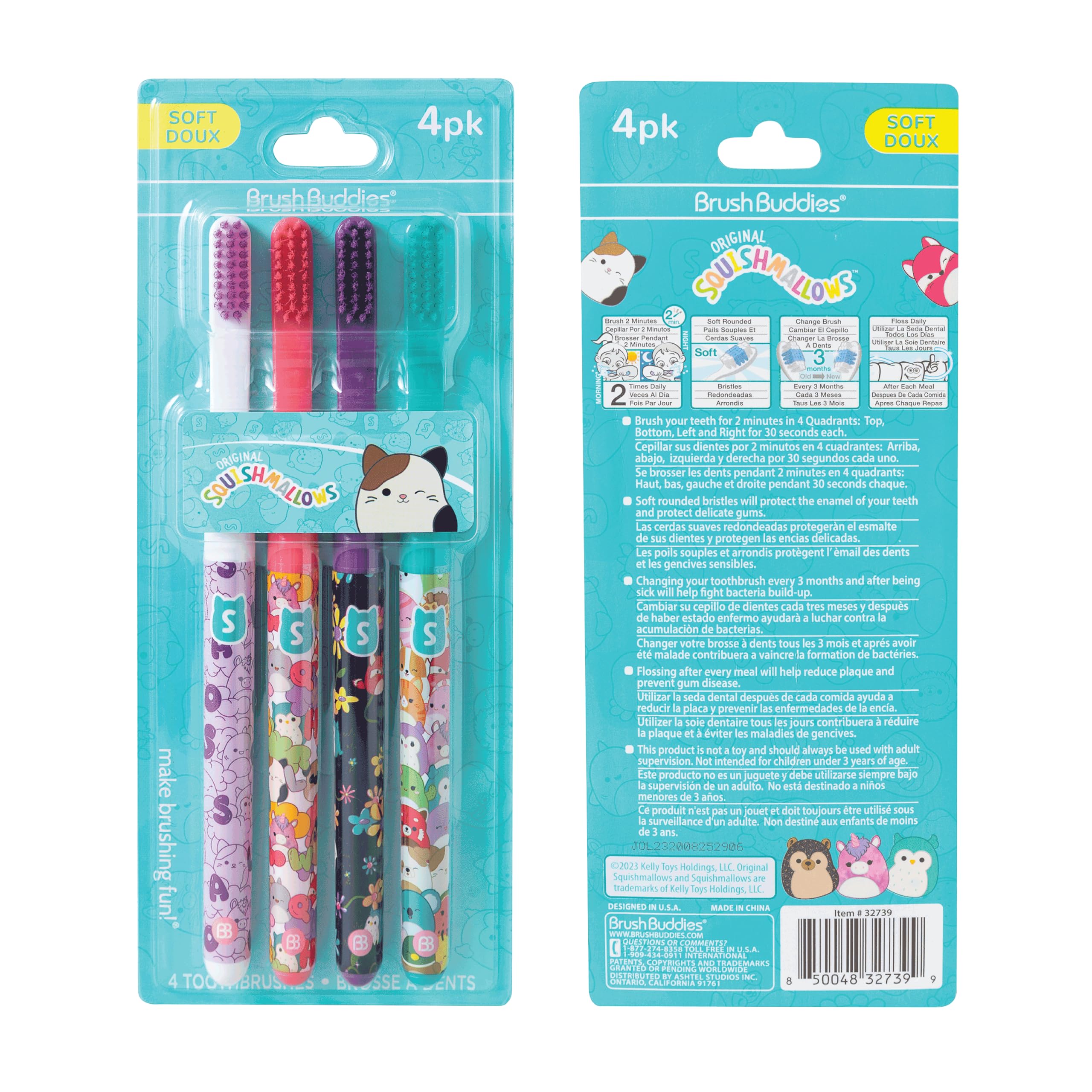 Brush Buddies Squishmallows Soft Manual Toothbrushes for Kids & Adults - 4 Pack - Gentle Bristles for Sensitive Teeth - Perfect for Travel, School & Daily Oral Care