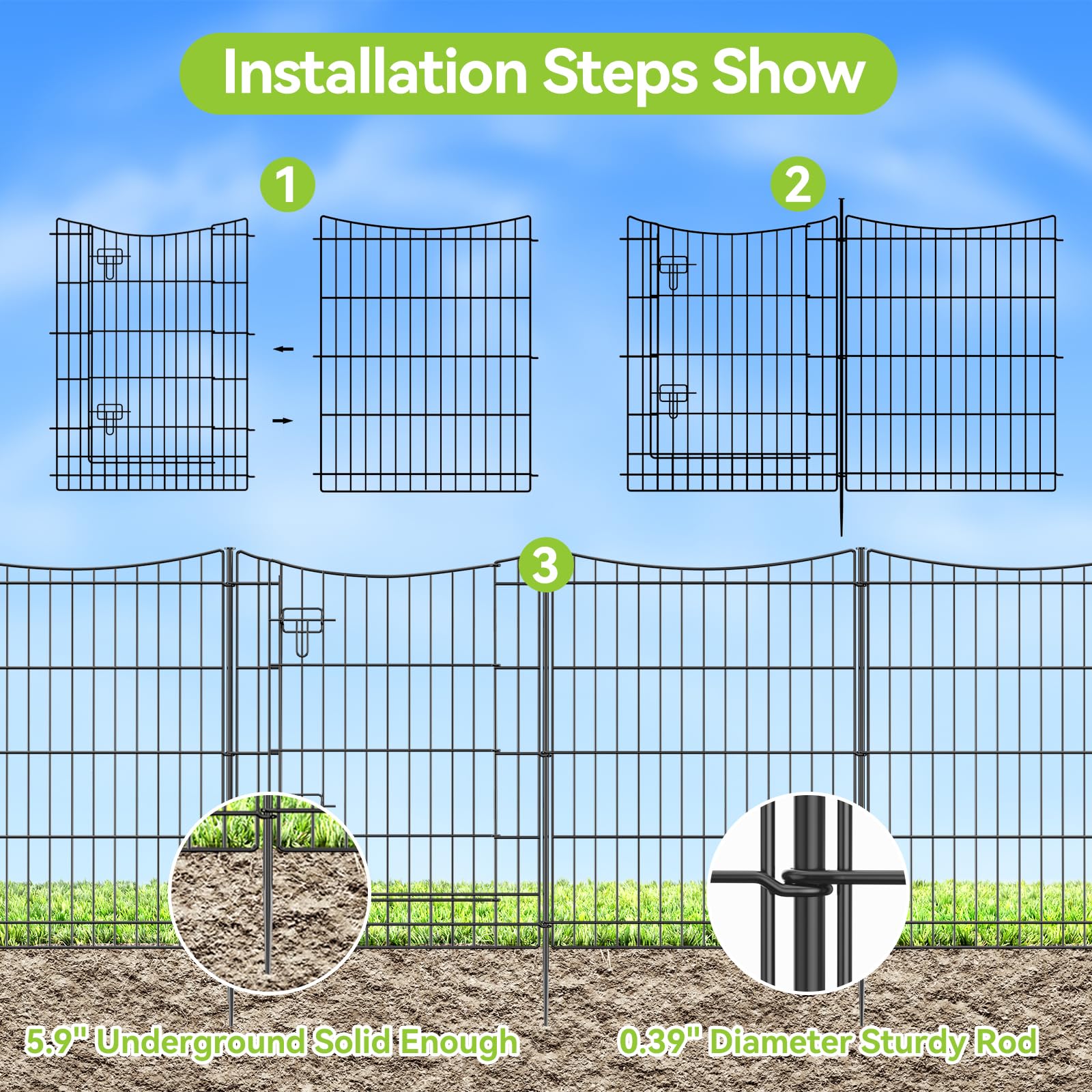 INJOPEXI 12-Panel Decorative Metal Garden Fence - 23.6ft Length × 30in Height, Includes 11 Panels + 1 Gate | No Dig Rustproof Animal Barrier for Dogs, Rabbits & Pets | Perfect for Outdoor Yards, Gardens & Backyard Protection