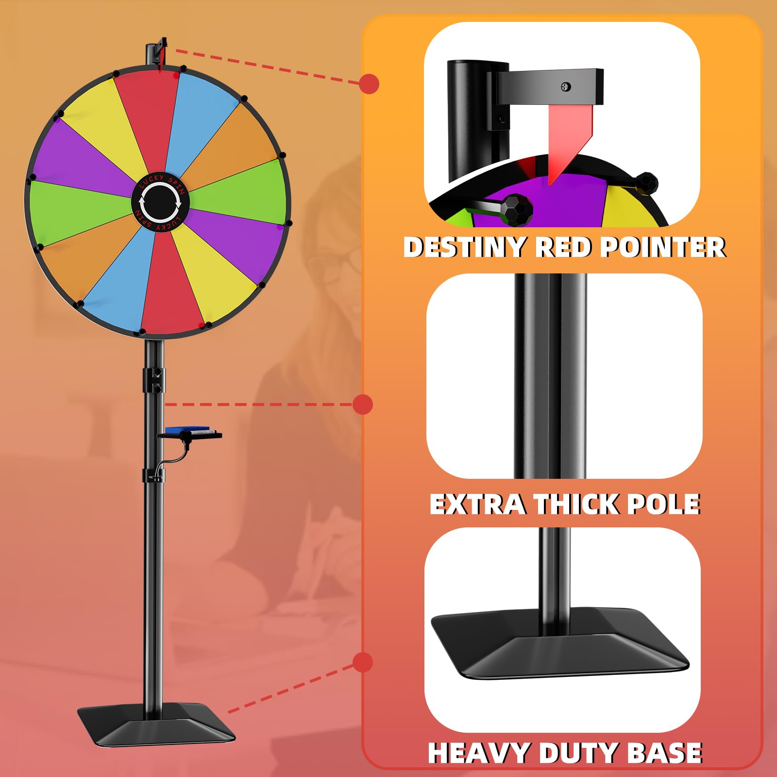 24 Inch Heavy Duty Prize Wheel - Dual Use Tabletop & Floor Stand with Adjustable Height, 12 Slots & Dry Erase Kit - Perfect for Carnival Games, Casino Nights, Trade Shows & Classroom Activities