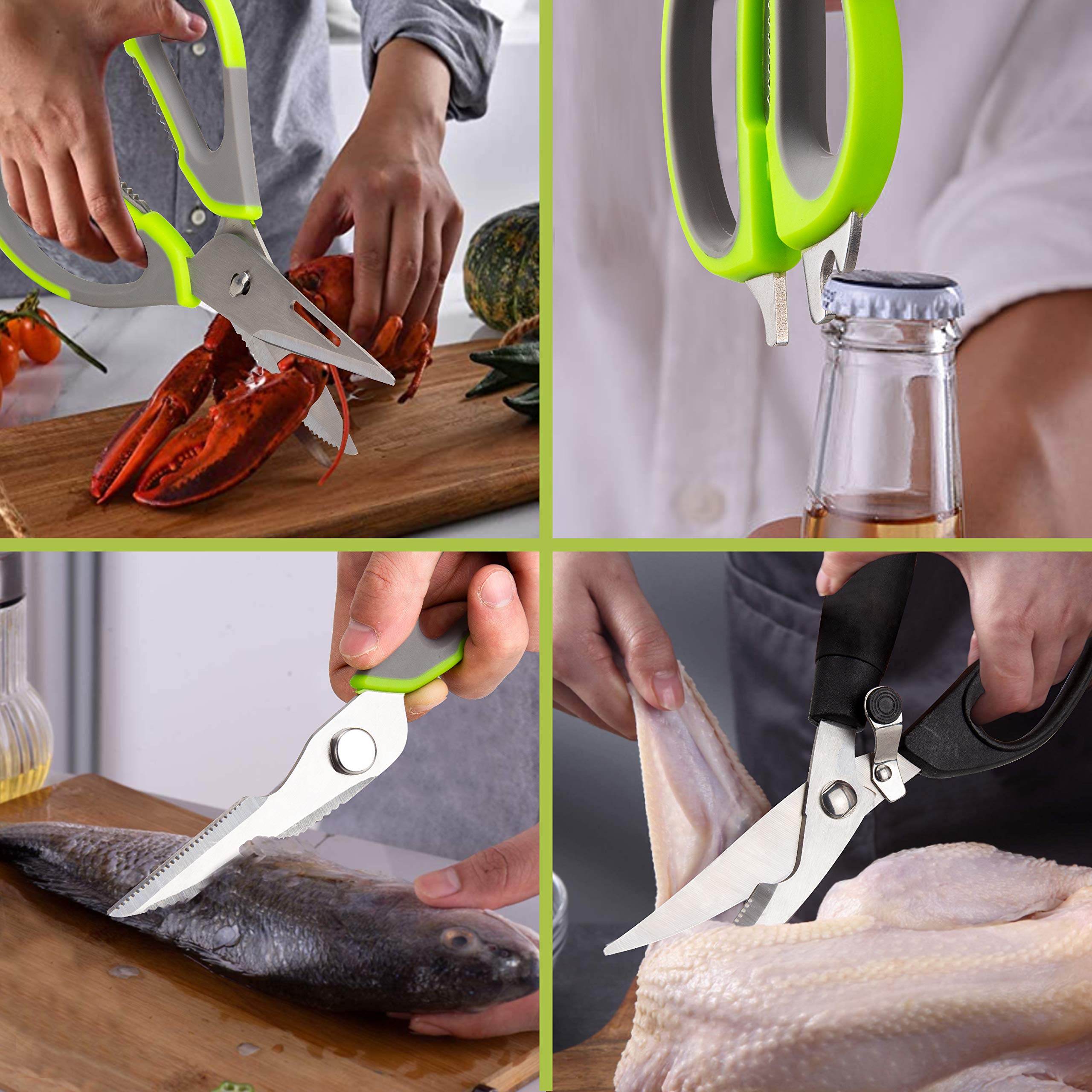 KOTTO 3-Pack Heavy Duty Kitchen Scissors Set - Stainless Steel Food Shears for Cutting Chicken, Poultry, Fish & More - Dishwasher Safe, Rustproof - Black & Green - Perfect for Meal Prep, Butchering & Cooking