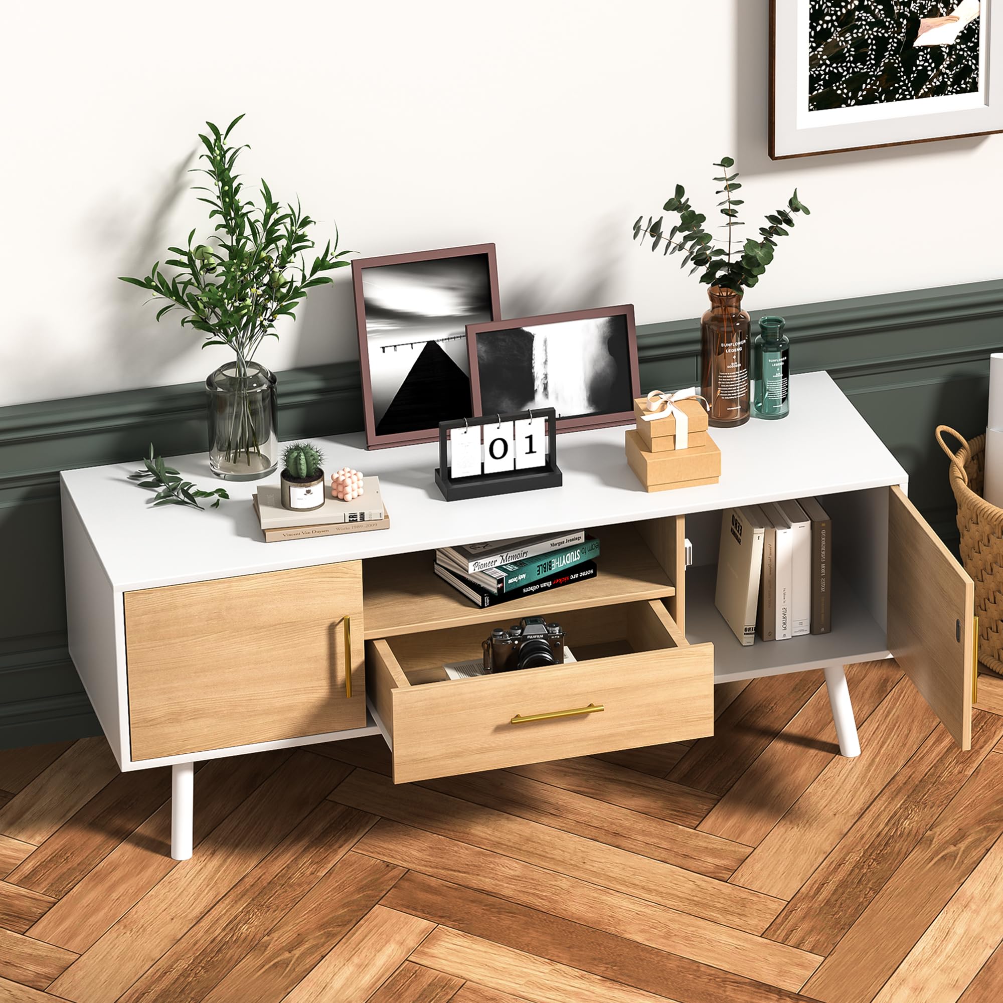 Giluta Modern 55 Inch TV Stand with Storage - White & Oak Finish TV Table, Media Console with Drawers for Living Room & Bedroom - Perfect Entertainment Center for Home Theater Setup