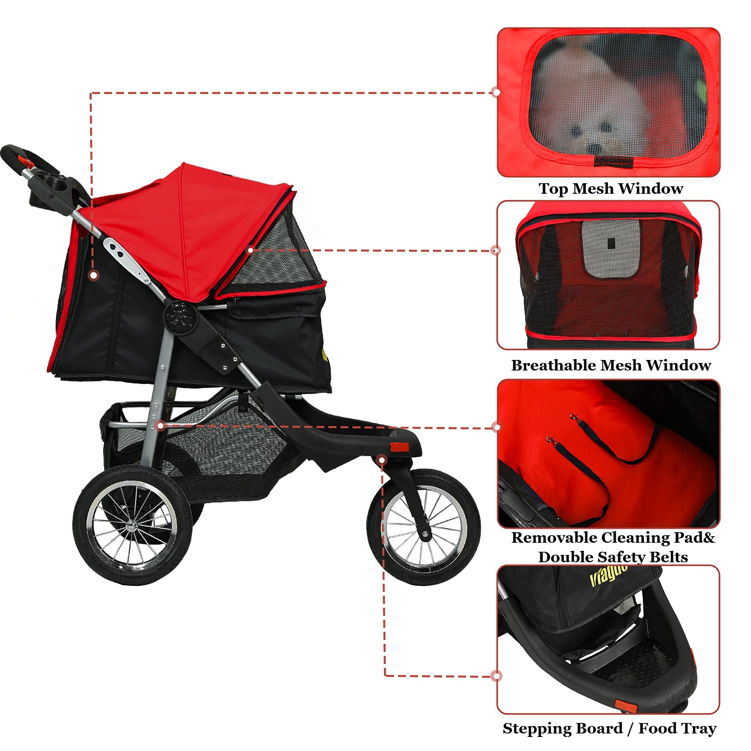 VIAGDO Heavy Duty 3-Wheel Pet Stroller for Small & Medium Dogs & Cats - Foldable Design with Suspension System, Link Brake & One-Hand Fold - Supports Up to 55 lbs (Black/Red) - Perfect for Vet Visits, Shopping & Outdoor Adventures