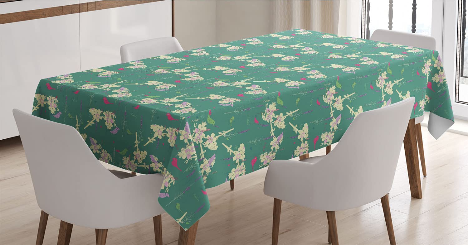 Ambesonne Floral Bird Tablecloth - Laurel Green Multicolor Rectangle Satin Table Cover with Herbal Spring Flower Blossom Nature Print, 60x90 Inches - Perfect for Dining Room, Kitchen Decor, Spring Parties & Outdoor Picnics