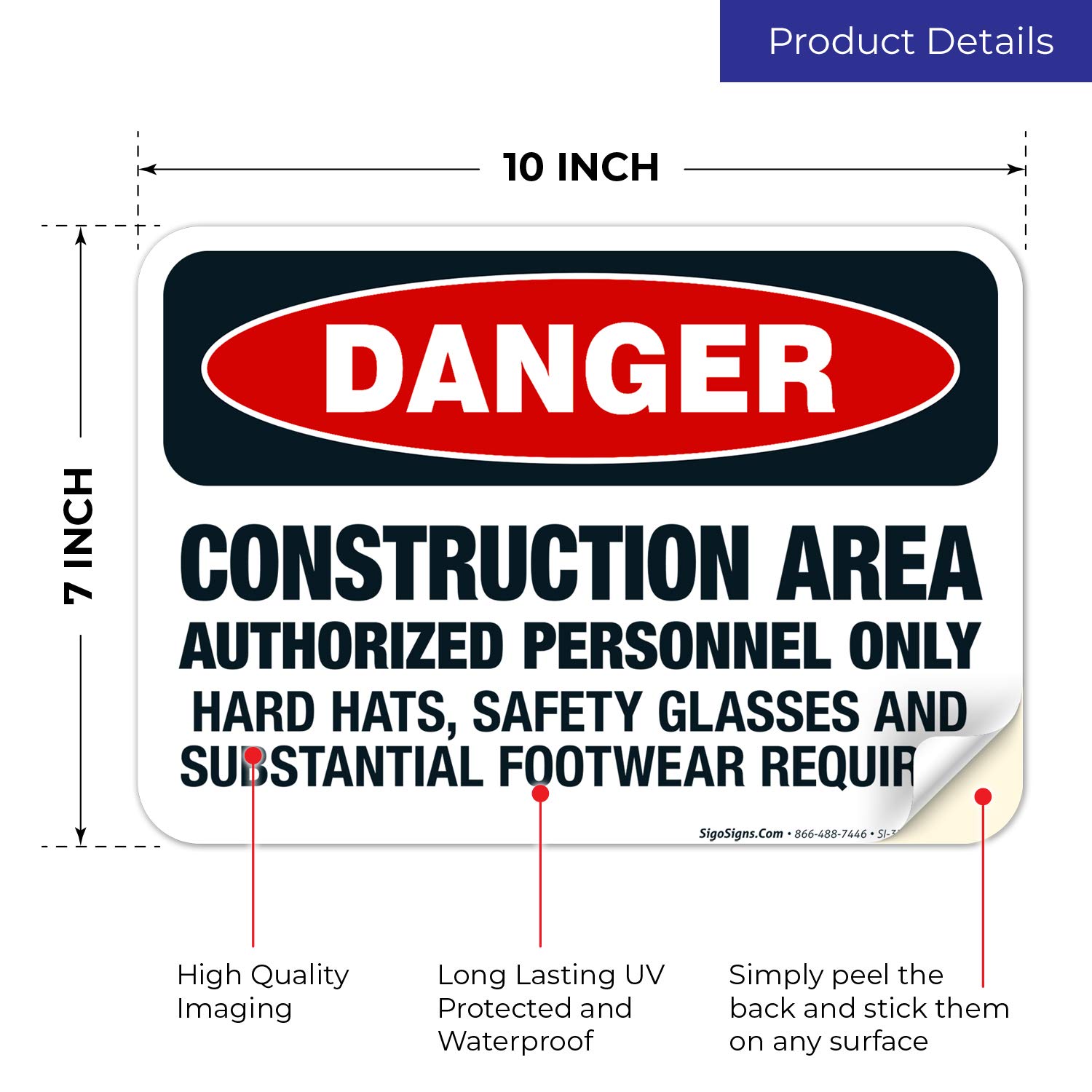 OSHA Approved Construction Safety Signs - 10x7 Inch 'Authorized Personnel Only' & 'Safety Glasses Required' Danger Warning Decals | 4 Mil Thick Vinyl, Weatherproof & UV Resistant | Made in USA | Perfect for Job Sites, Warehouses & Hazardous Work Areas