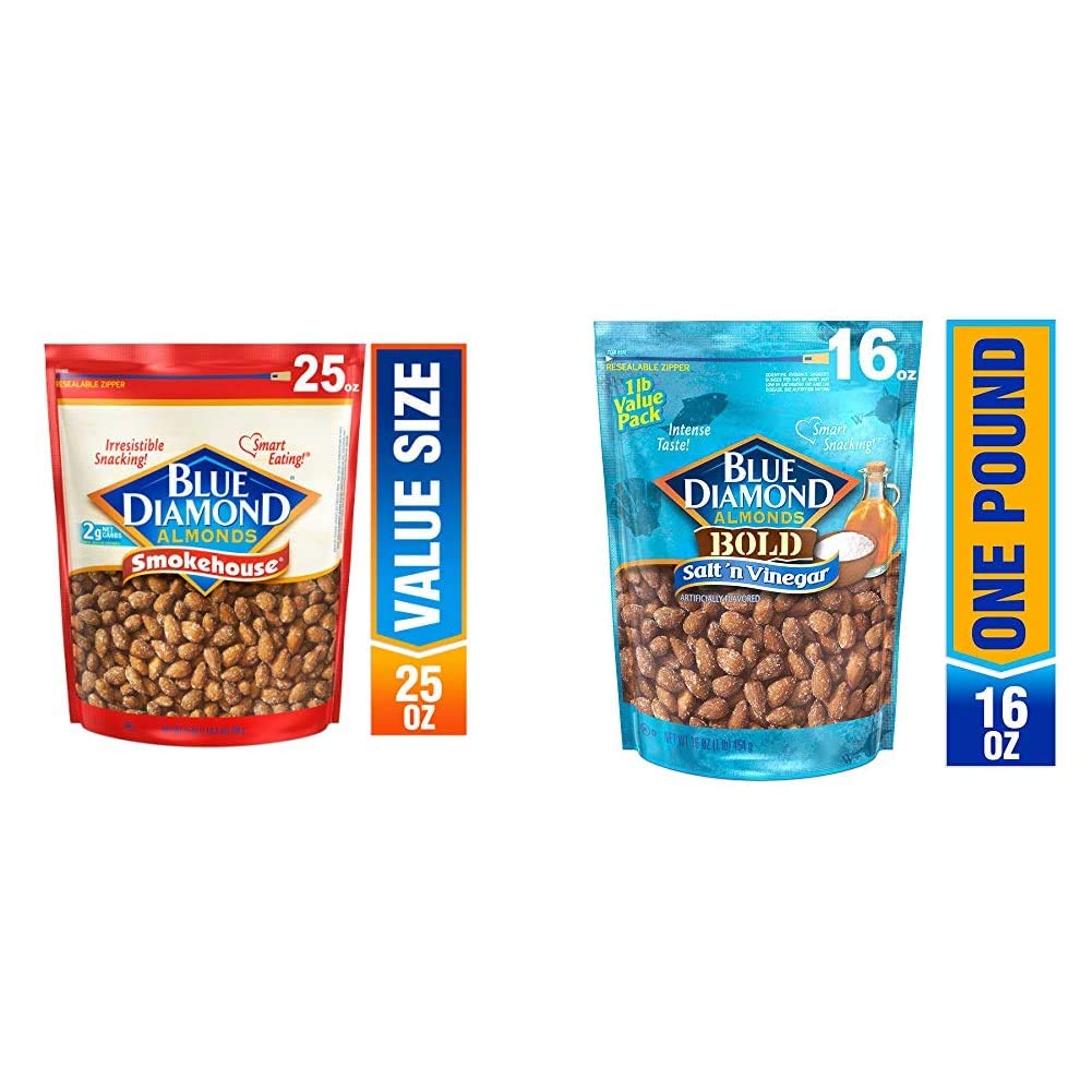 Blue Diamond Almonds Smokehouse & Salt 'N Vinegar Flavored Snack Nuts Bundle - Crunchy Protein Packed Healthy Snacks for Office, Travel & Keto Diet