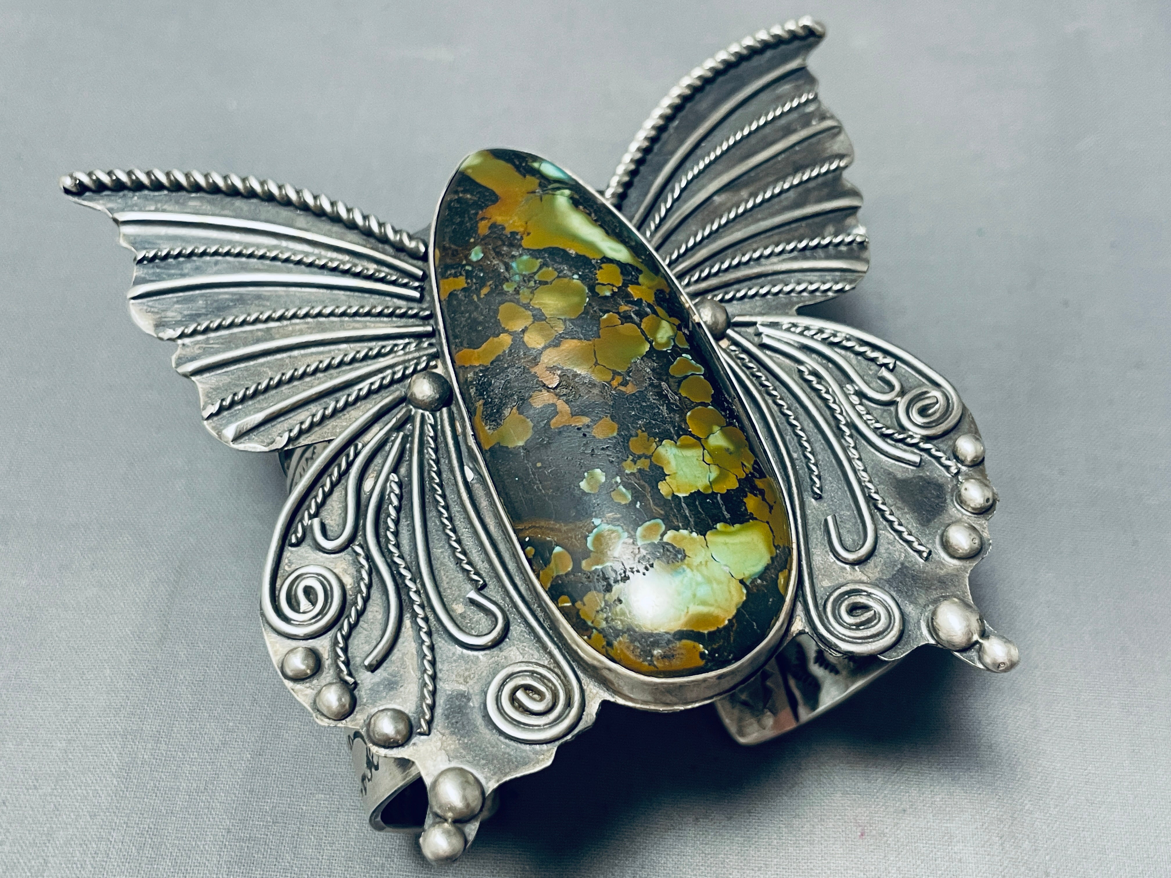 184g Authentic Navajo Sterling Silver Butterfly Bracelet with Green Turquoise – Handmade Native American Jewelry for Women, Perfect for Gifts, Boho Fashion & Special Occasions
