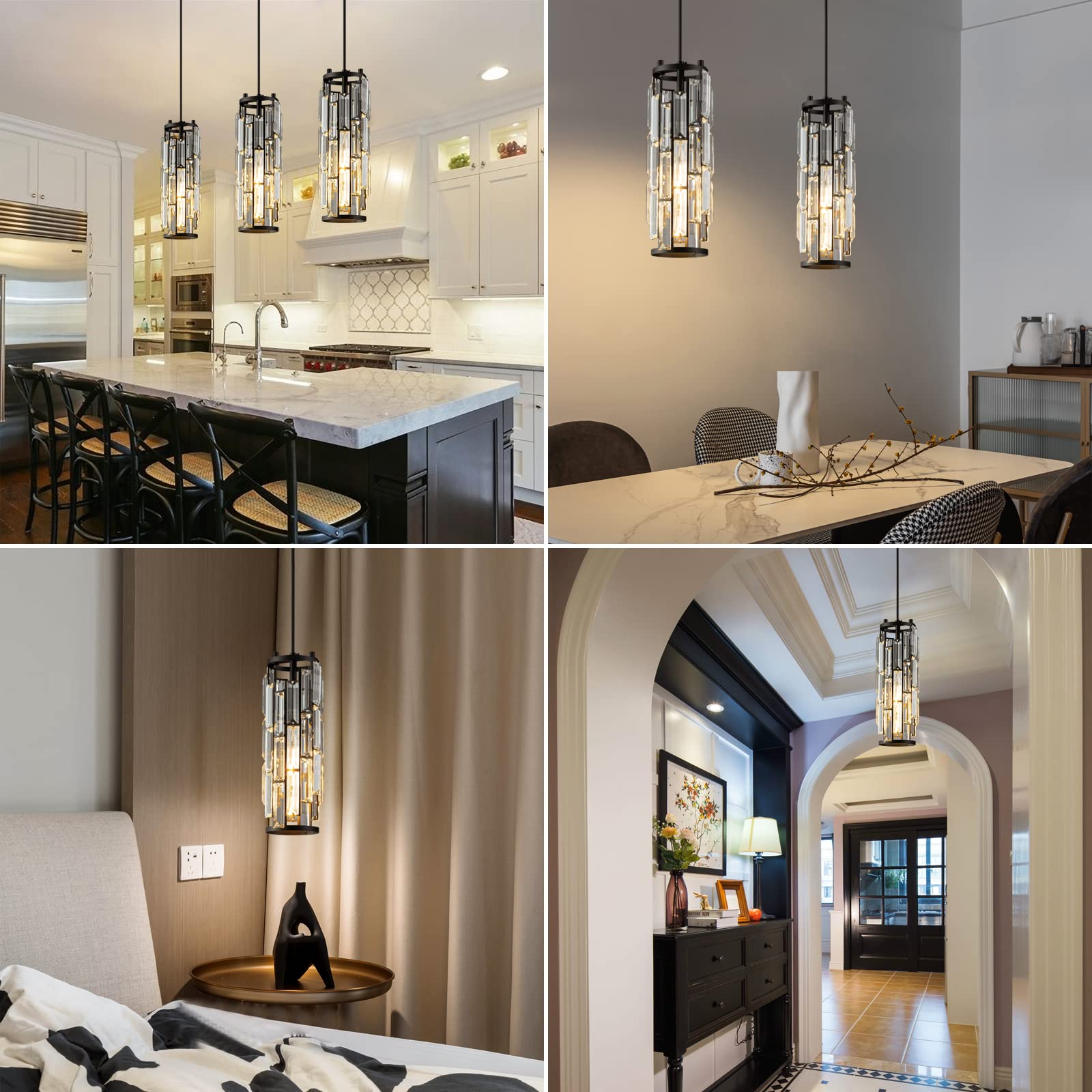 LMQNINE Modern Black Crystal Pendant Light Fixture - Mini Hanging Light for Kitchen Island, Dining Room, Bedroom & Living Room - Elegant & Stylish Ceiling Lighting (1-Pack, Black)