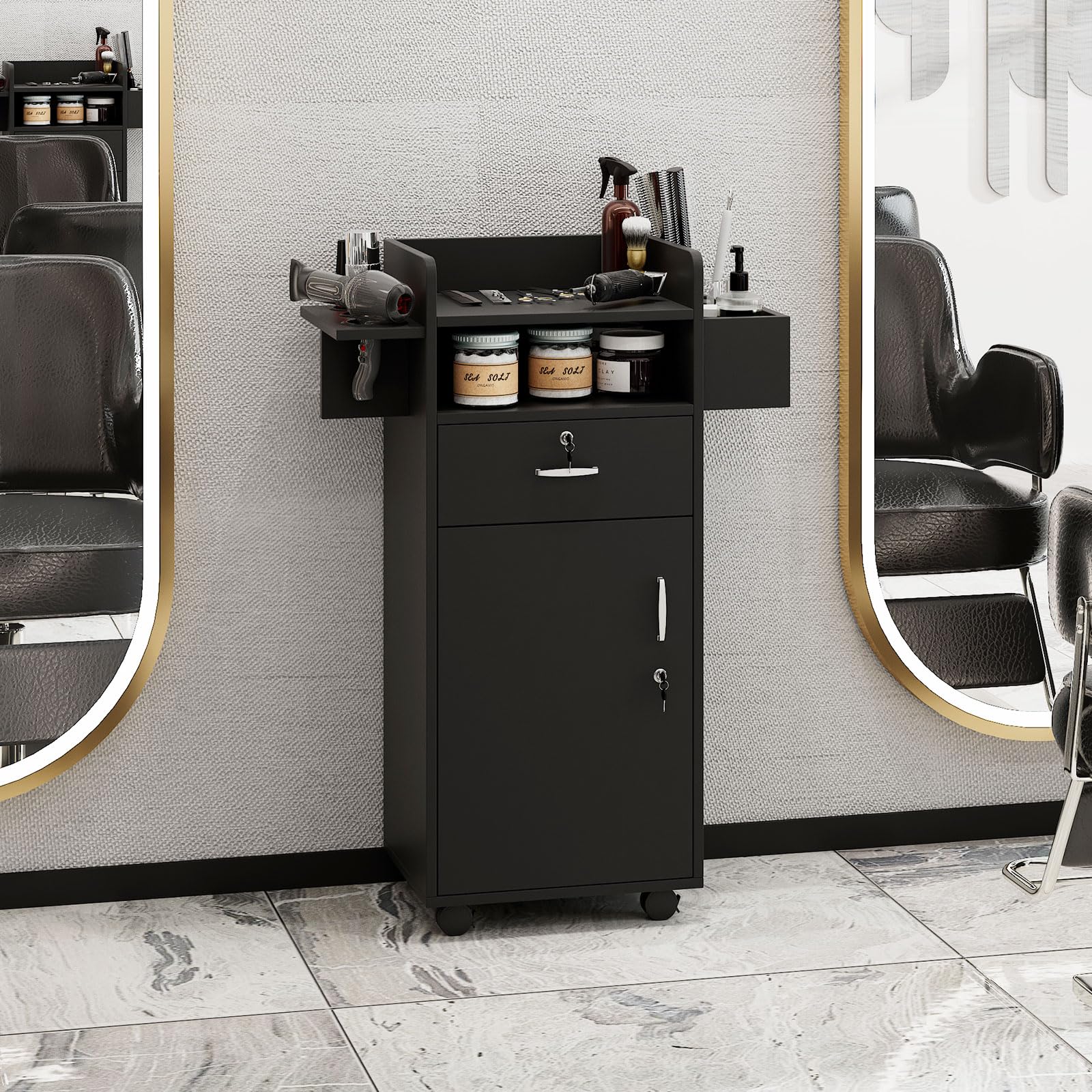 Professional Salon Station Cart with Locking Drawers & 3 Tool Holsters - Versatile Mobile Storage Trolley for Hair Stylists, Home Salons & Spas (15.7