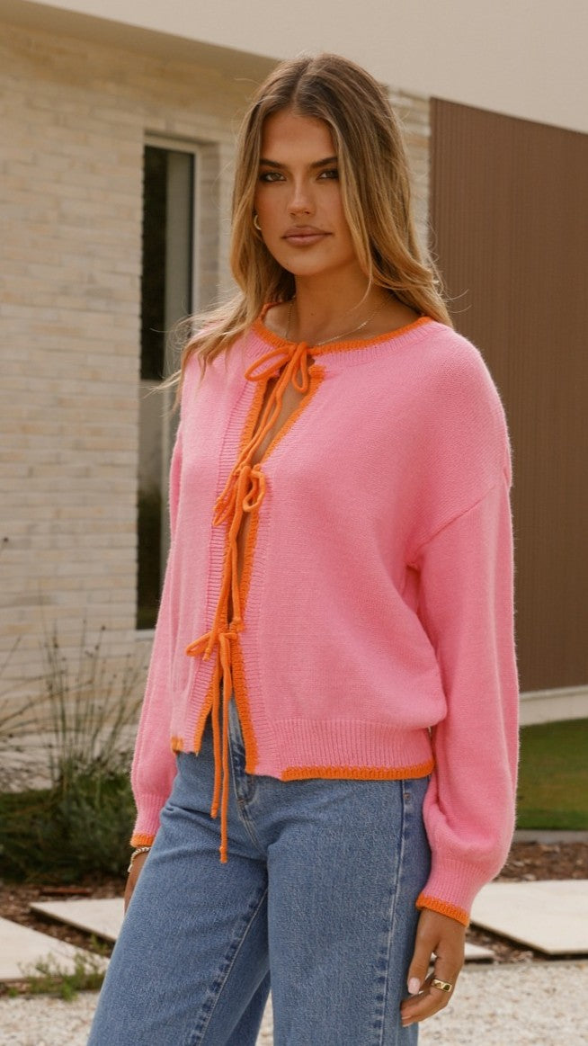 Hazina Tie Long Sleeve Knit Top for Women - Soft Stretch Casual Blouse in Pink & Orange - Perfect for Office, Date Night and Fall Layering