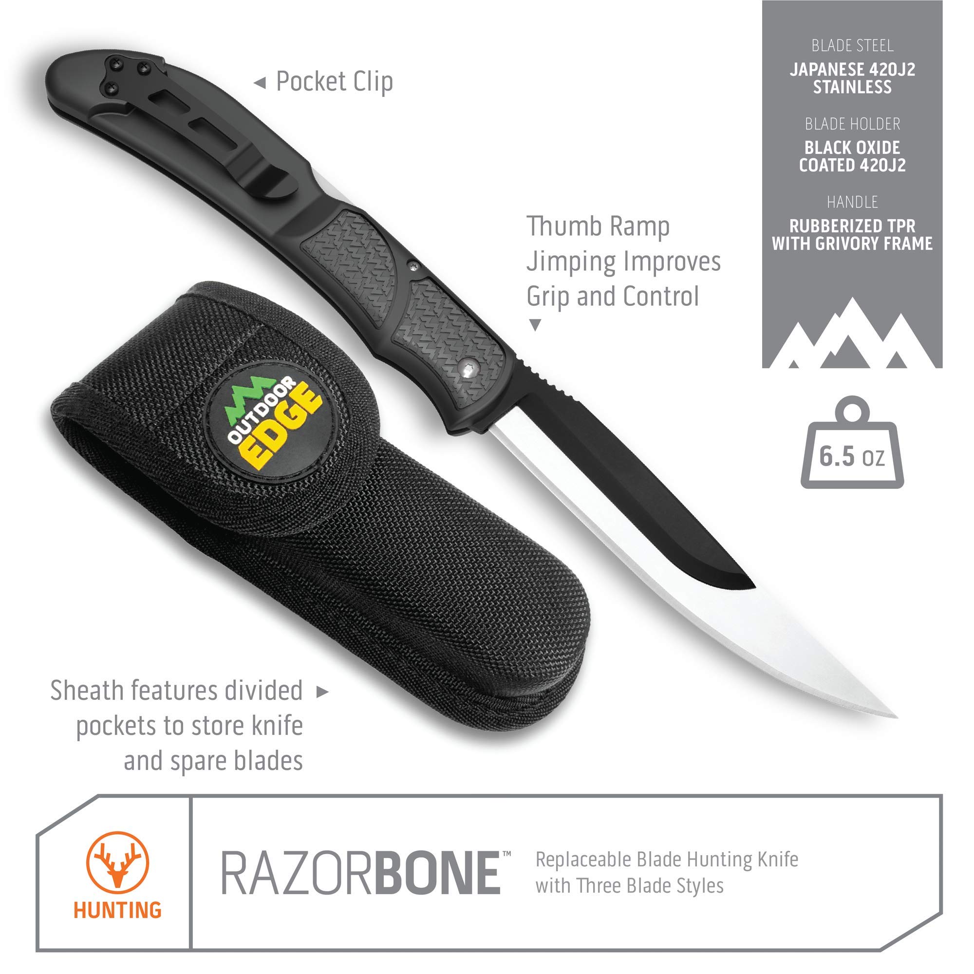 Outdoor Edge RazorBone Replaceable Blade Folding Hunting Knife with Clip & Sheath - 3 Blade Styles (Boning, Gutting, Skinning) - Includes 6 Blades, Blade Box & Camo Sheath - Perfect for Hunting, Camping & Outdoor Survival