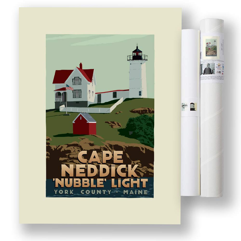 Nubble Lighthouse Maine Print - 18x24 Inch Vintage Travel Poster, Coastal Wall Art Decor for Home, Office & Beach House