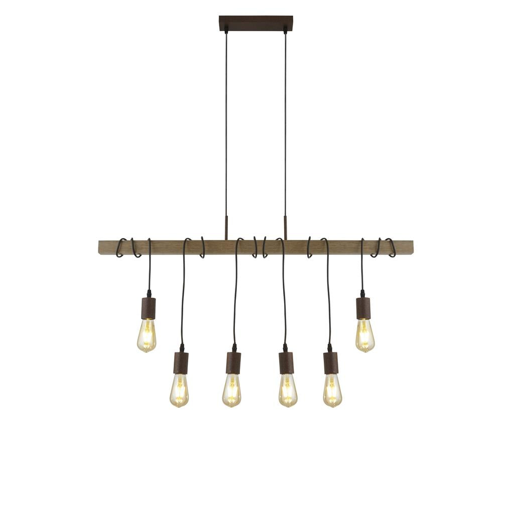 6Lt Barn Kitchen Light - Black Metal & Wood Pendant Lighting for Farmhouse, Rustic & Industrial Decor
