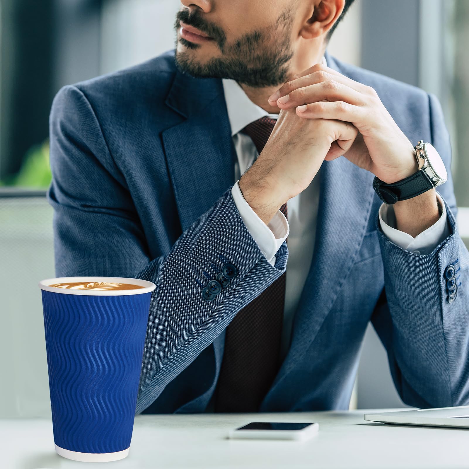 16 oz Disposable Paper Coffee Cups - 60 Pack, Heat Resistant Blue Ripple Wall Cups for Coffee, Tea & Hot Chocolate - Perfect for Office, Cafes & Home Use