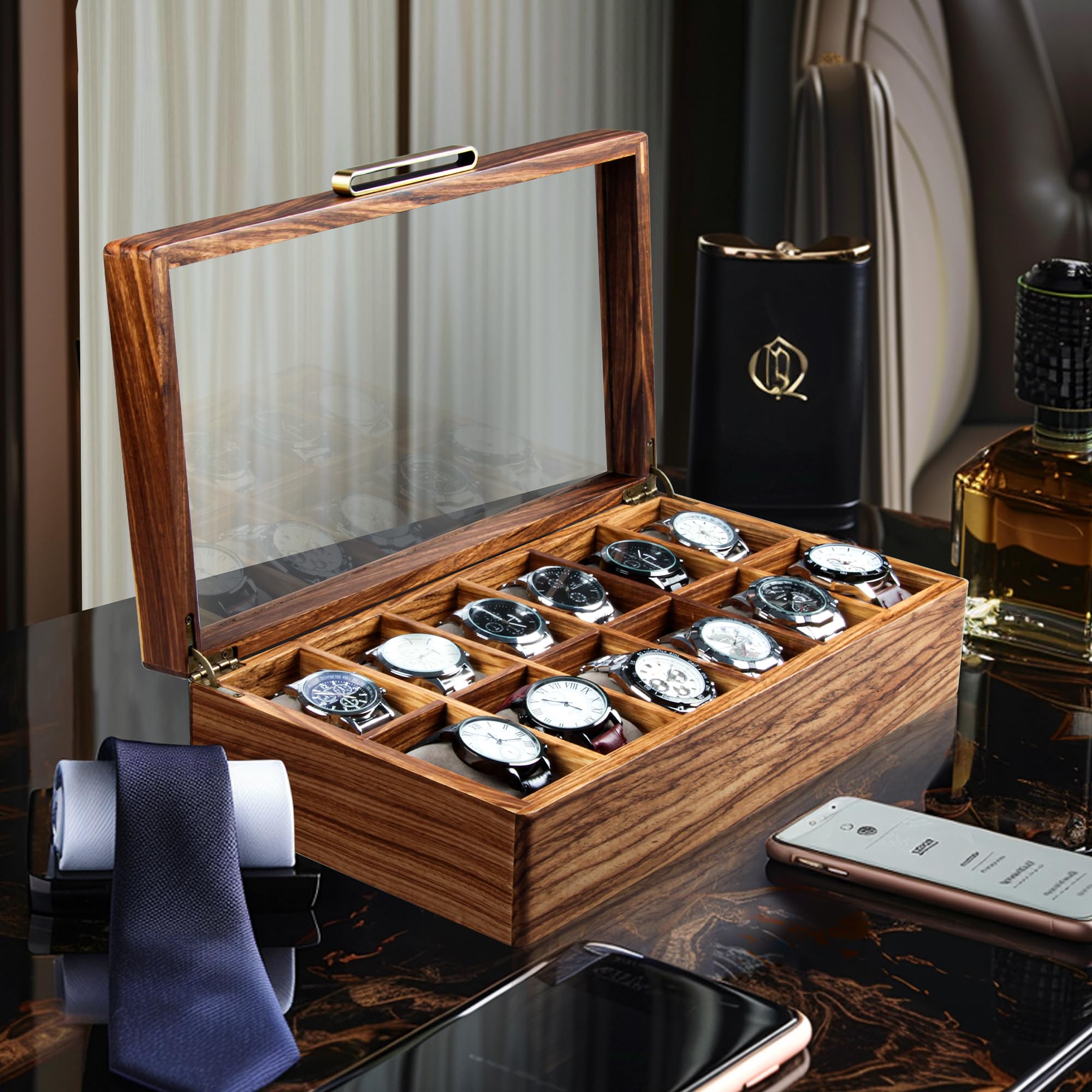 Premium Zebra Wood Watch Case for Men - 12-Slot Luxury Watch Box with Glass Lid & Soft Pillows | Watch Holder, Display Case & Organizer | Perfect Gift for Watch Collectors & Travel Storage Solution