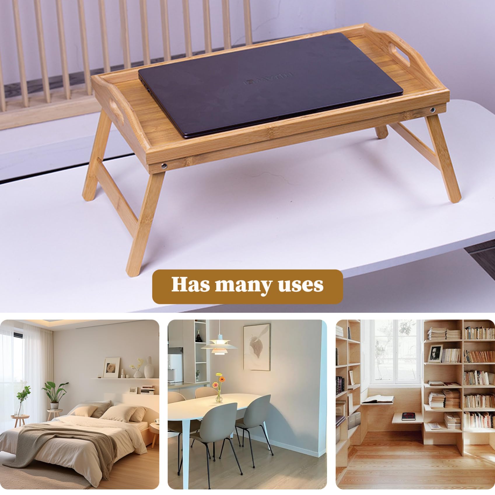 Foldable Wooden Breakfast Tray with Legs and Handles - 11.8x19.7x9.3 Inch Sturdy Bed Tray Table for Breakfast in Bed, Laptop Work, Reading or Snacking - Perfect for Home, Office and Dorm Room Use
