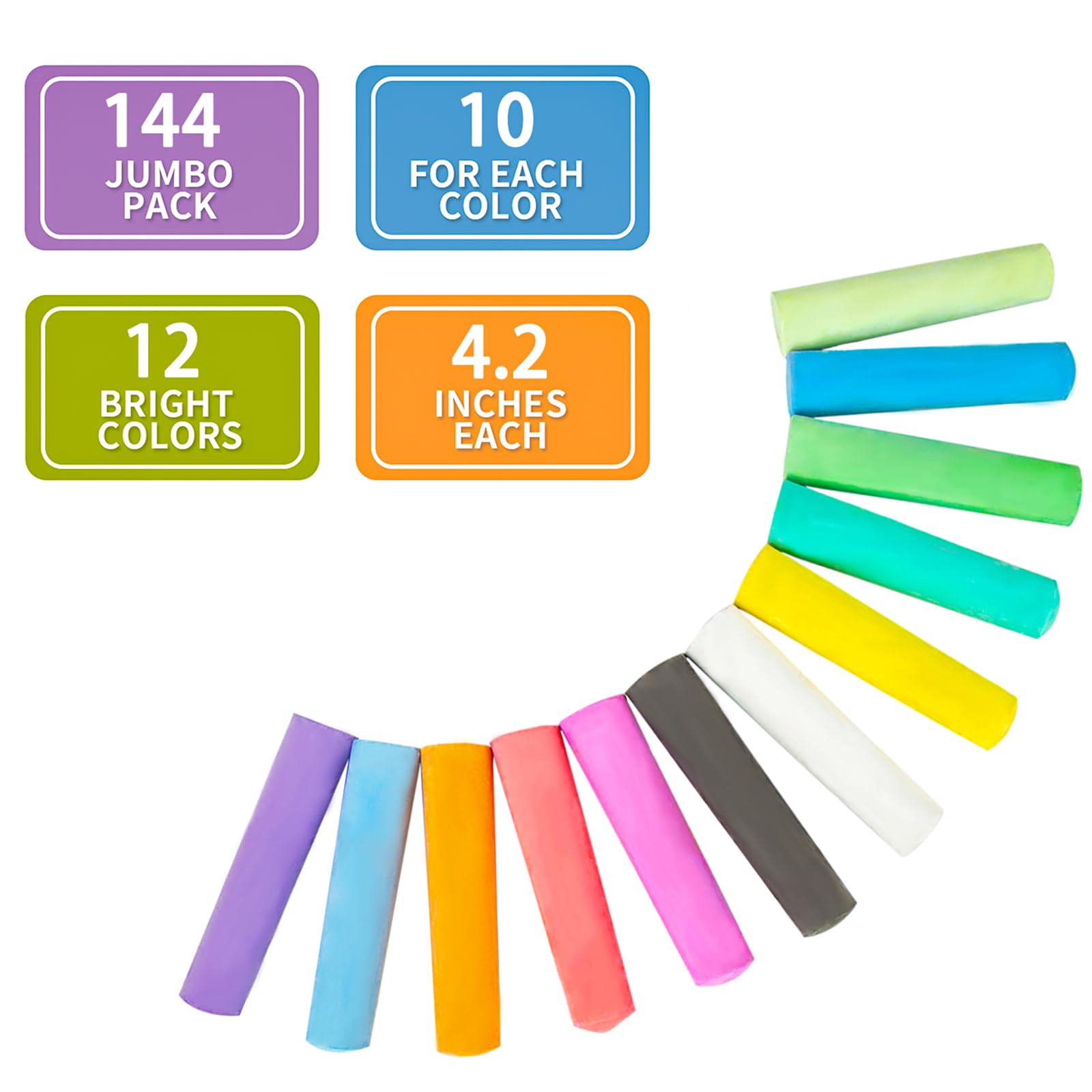 144PCS Washable Non-Toxic Jumbo Sidewalk Chalk Set - 12 Vibrant Colors for Kids & Toddlers - Perfect for Blackboard Drawing, Playground Fun, Birthday Parties & Outdoor Art Activities