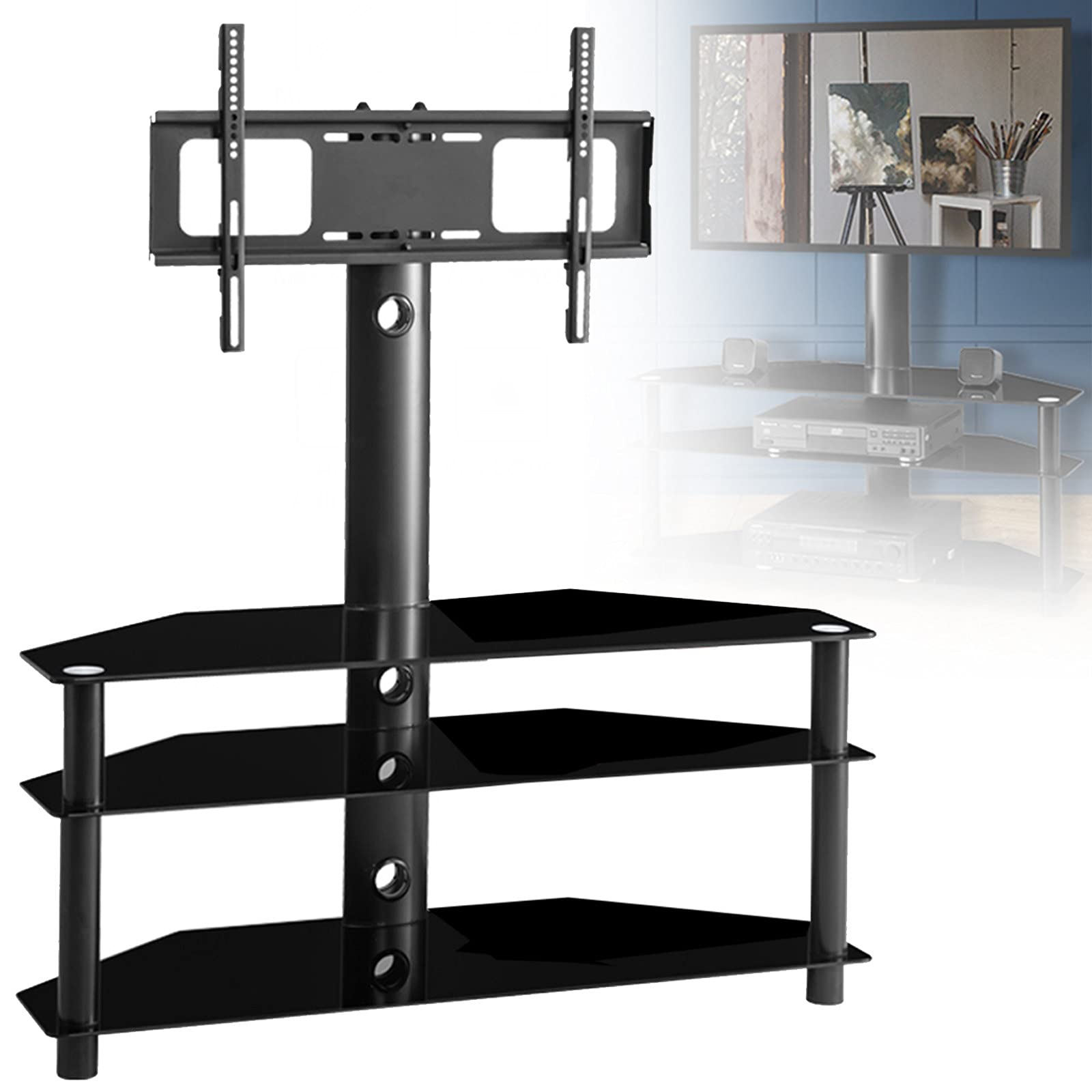 3-Tier Black Tempered Glass Mobile TV Stand for 32-65 Inch LCD LED Plasma Flat & Curved TVs - Multi-Functional Rolling TV Cart with Storage for Living Room, Bedroom & Office
