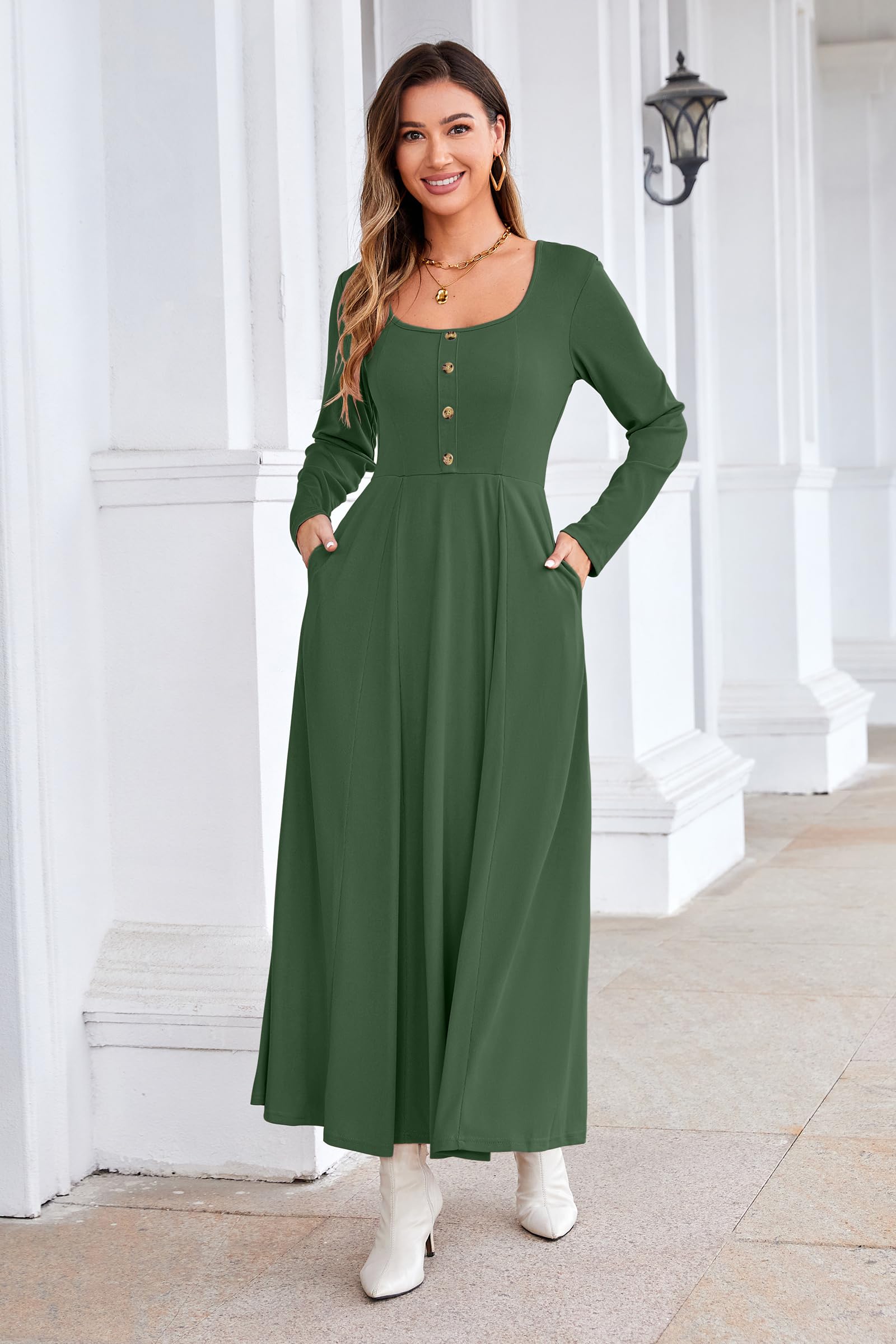 OUGES Women's Maternity Maxi Dress for Photoshoot - Fall Long Sleeve Button Down Square Neck Pregnancy Dress for Baby Shower, Maternity Photos & Special Occasions 2024